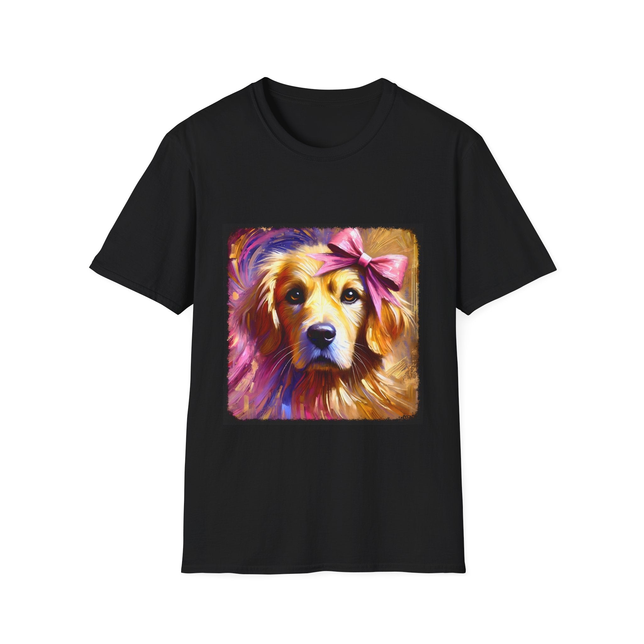 Black dog t-shirt featuring golden retriever with pink bow on head, bold brushstroke background in pinks.