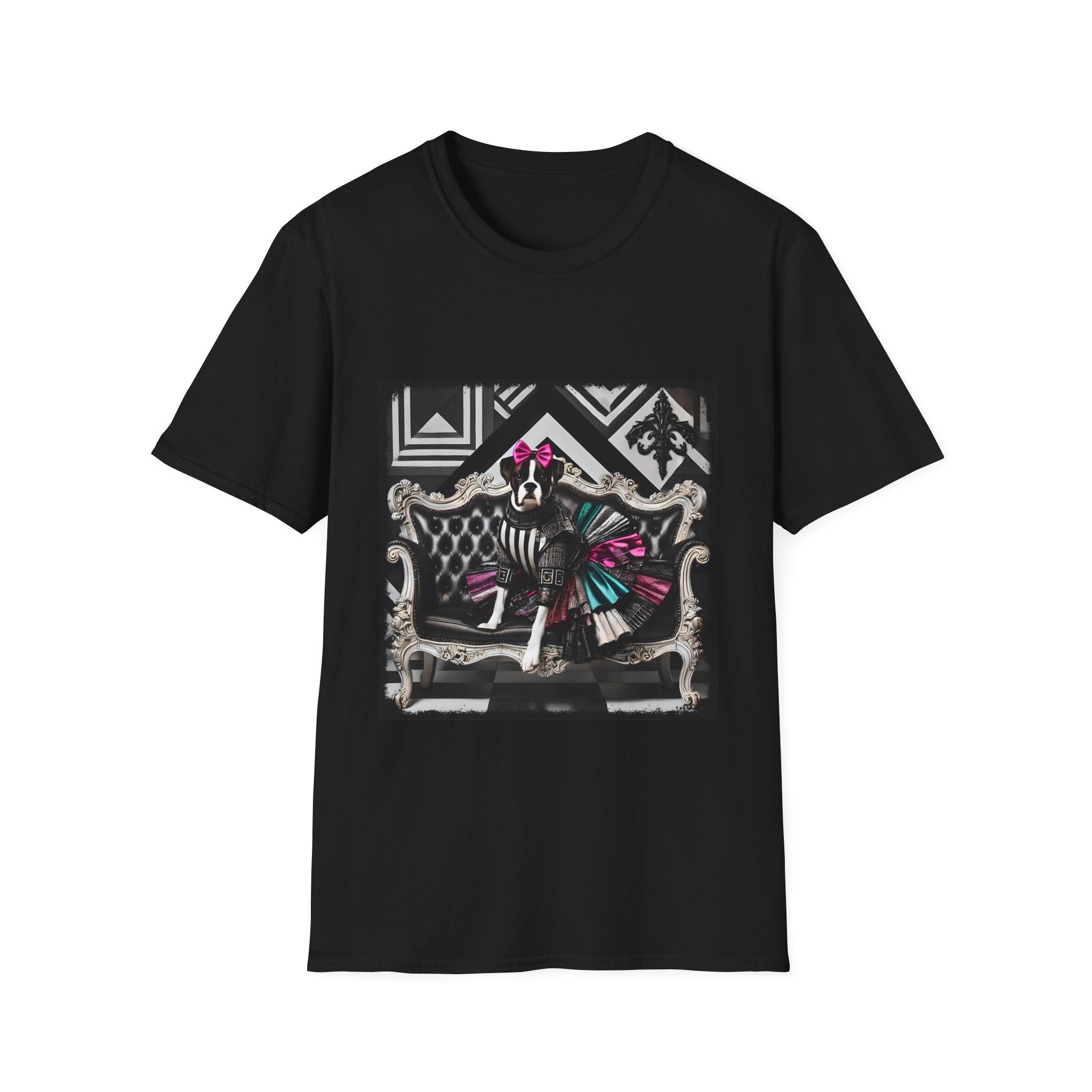 Black dog t-shirt with black and white boxer in pink bow and varsity dress in pleated skirt, bold geometric black backdrop.