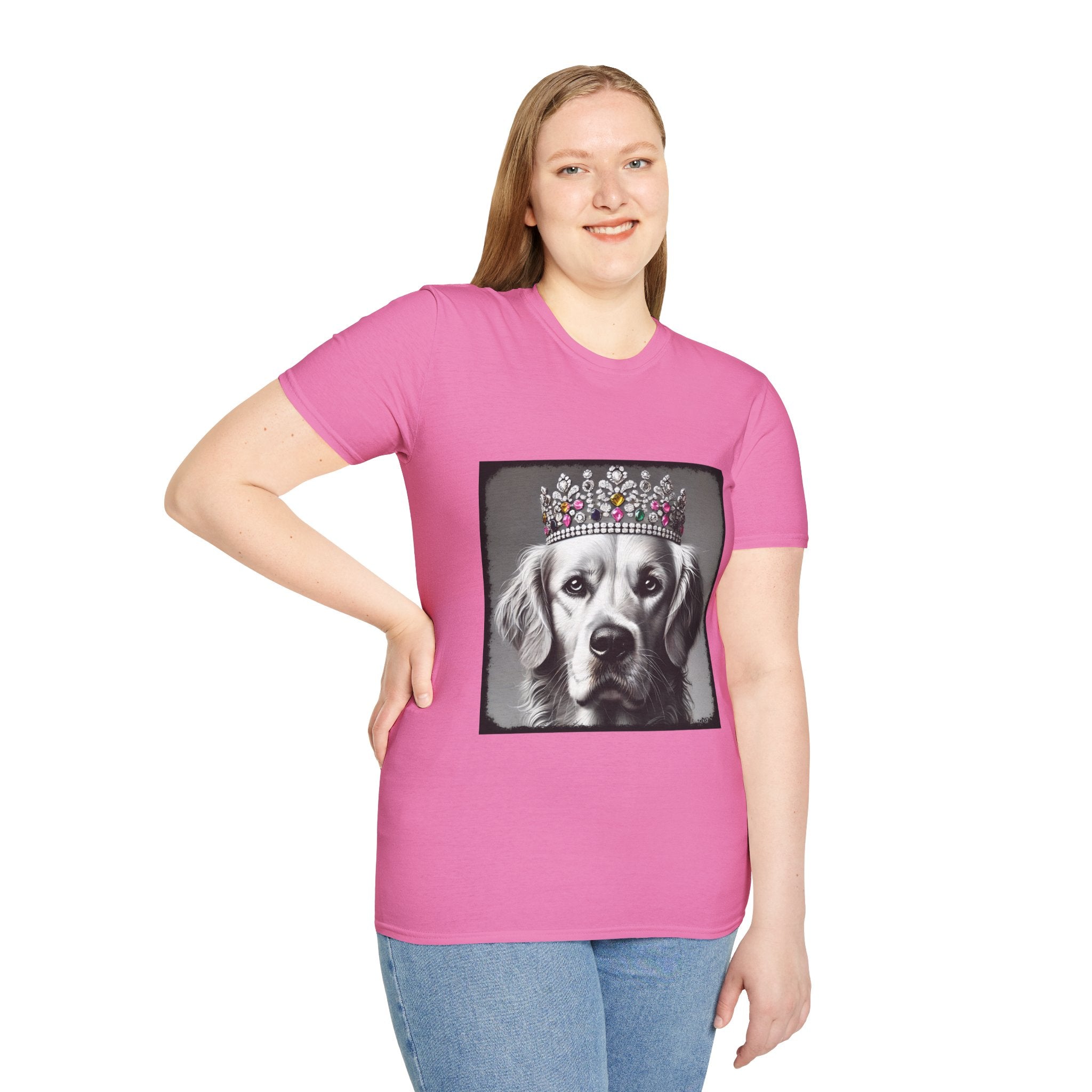 Female model wears pink dog t-shirt featuring a black-and-white princess Golden Retriever with jeweled crown on gray background.