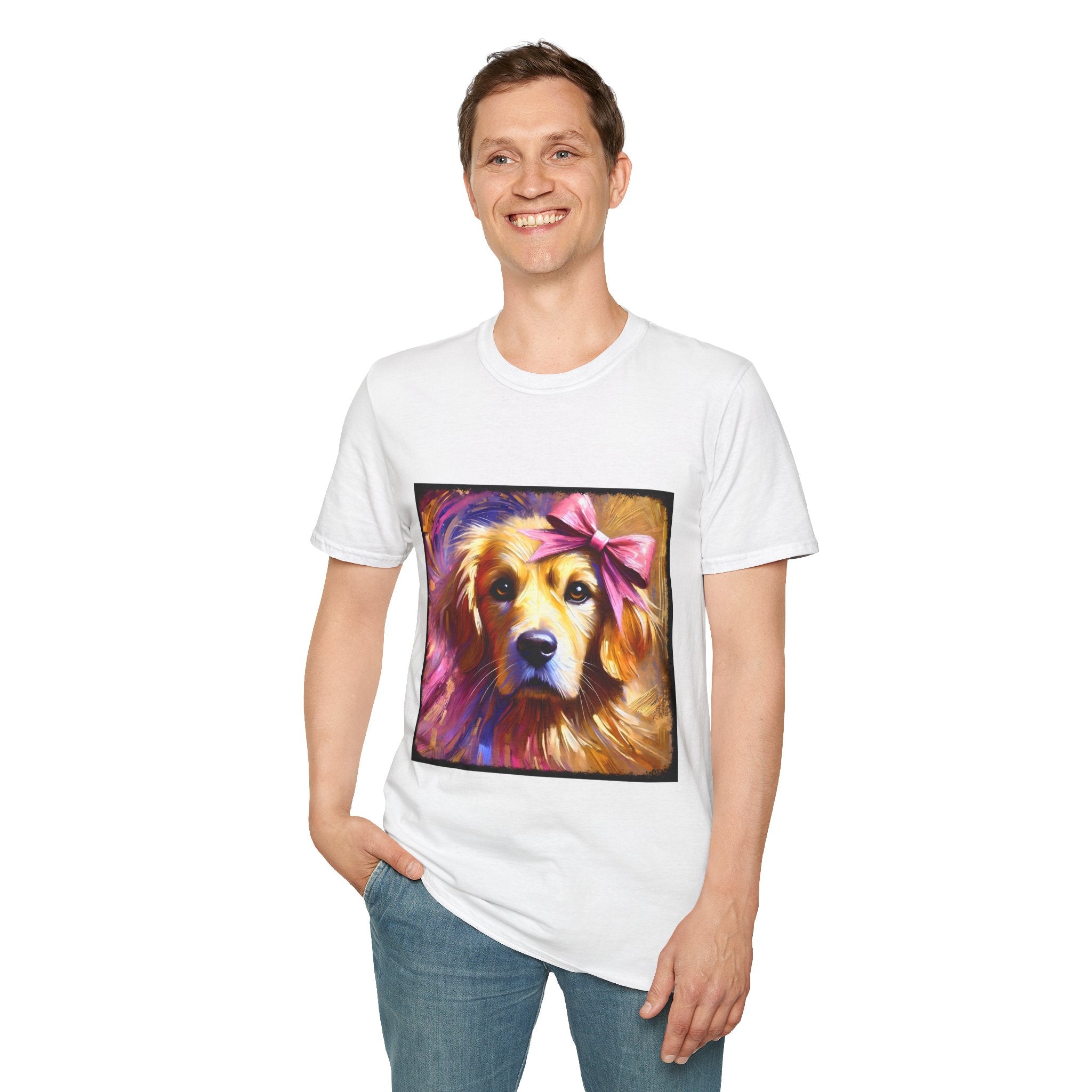 Male model in white dog t-shirt featuring golden retriever with pink bow on head, bold brushstroke background in pinks.