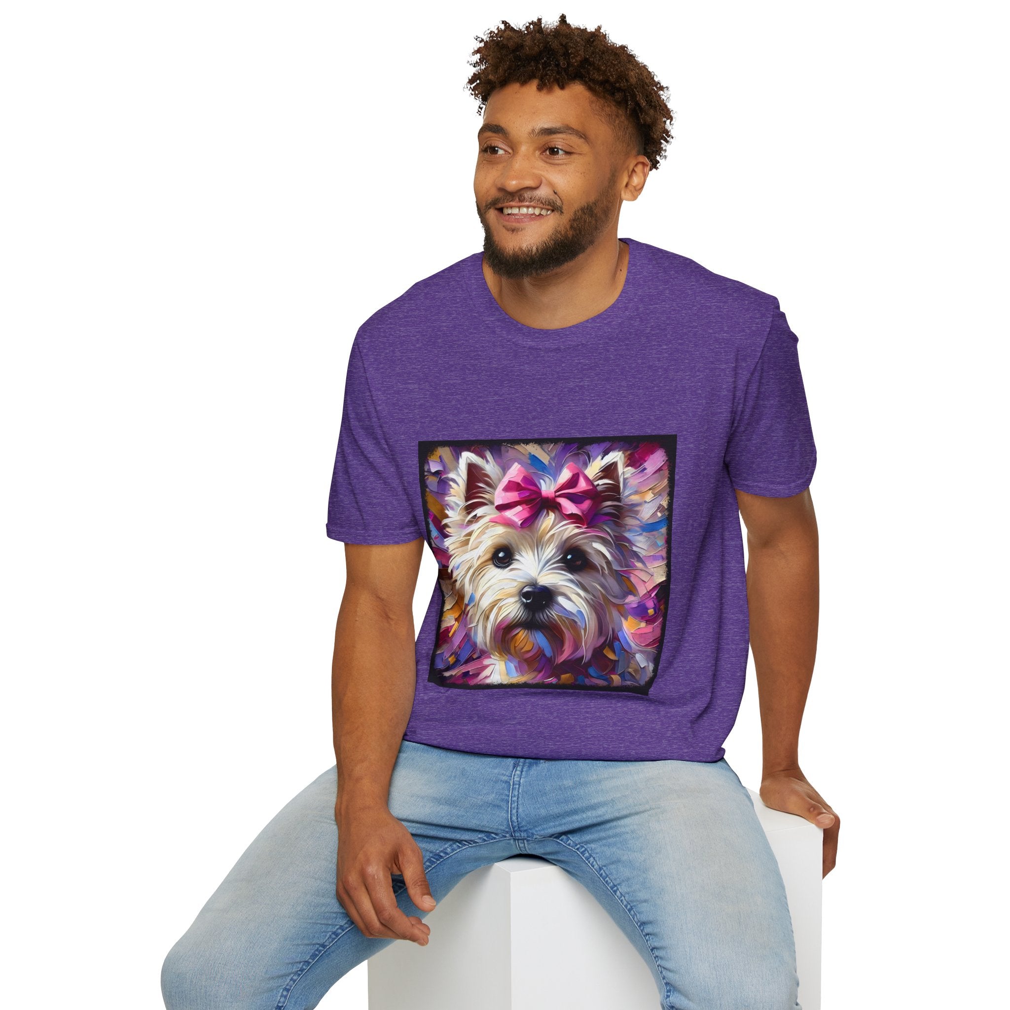 Male model in heather purple dog t-shirt with Westie face, pink bow, and bold brushstroke colors in purple, pink, and gold.