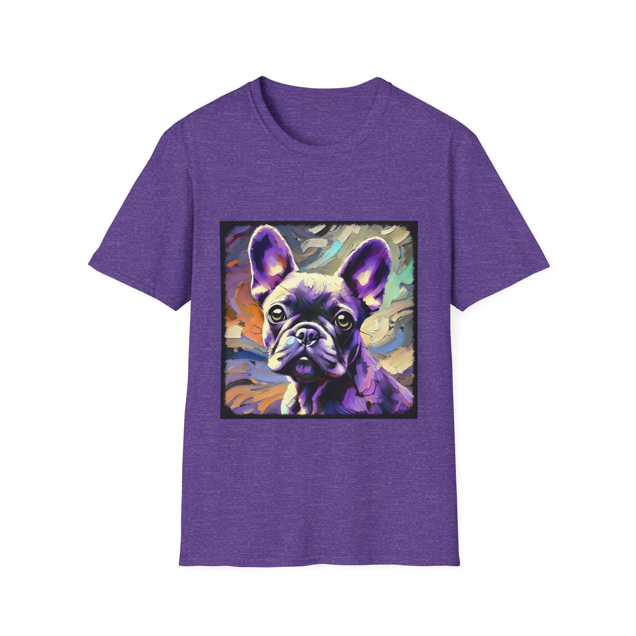 Heather purple dog t-shirt featuring a lavender purple French Bulldog with swirling brushstrokes of teal, orange, and cream.