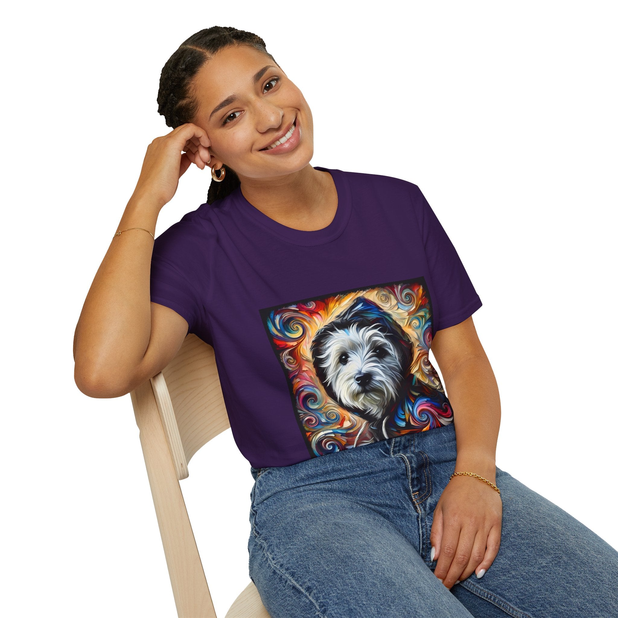 Female model in purple dog t-shirt featuring Westie in black hoodie with swirling red blue orange and gold background.