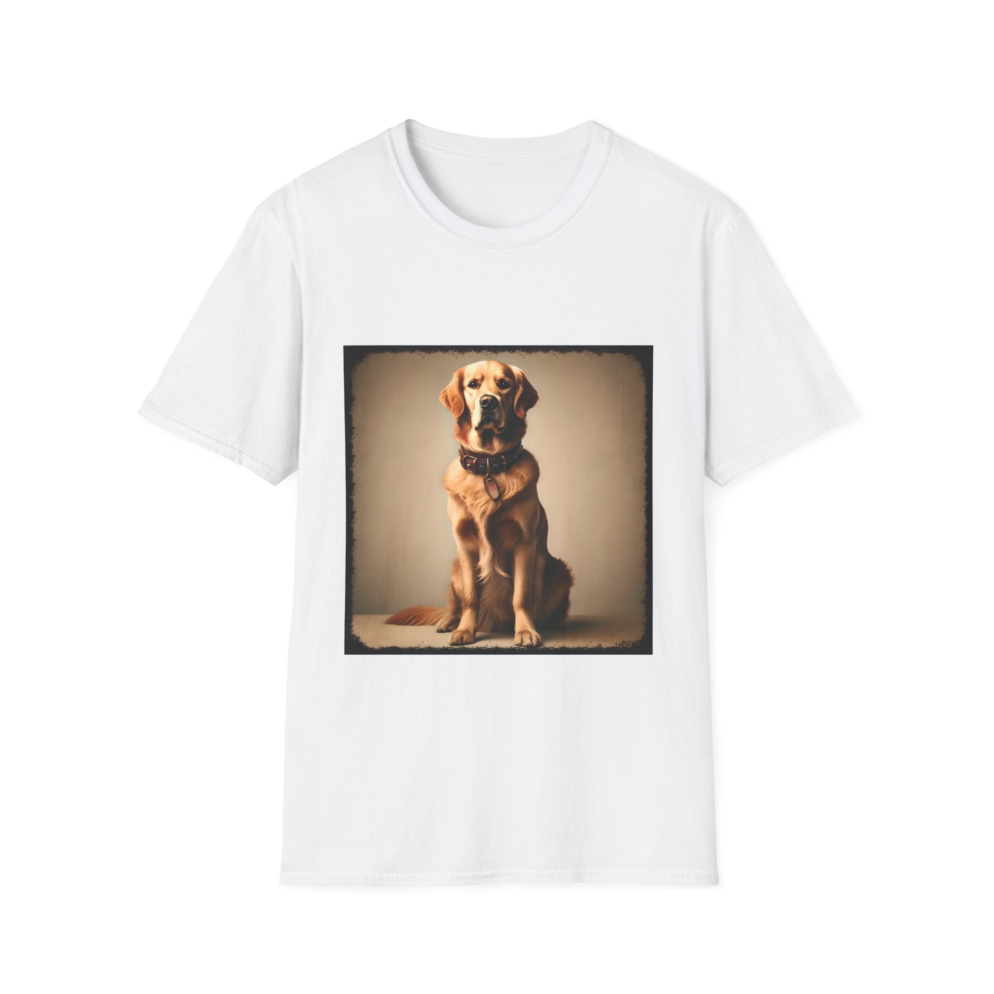 White dog t-shirt featuring golden retriever in brown collar, seated against a neutral tan backdrop.