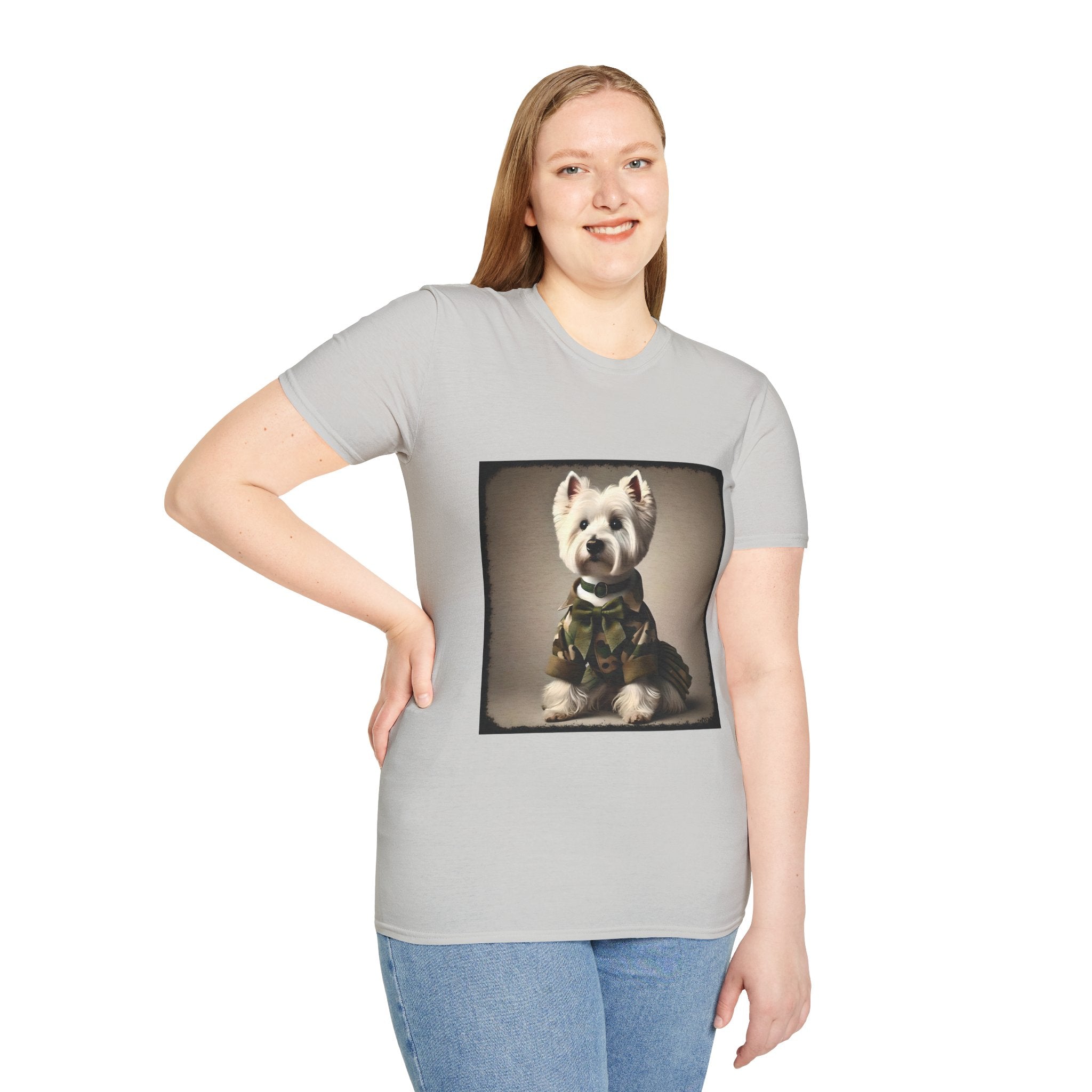 Female model in ice gray dog t-shirt featuring Westie in camouflage jacket and pleated skirt against neutral backdrop.