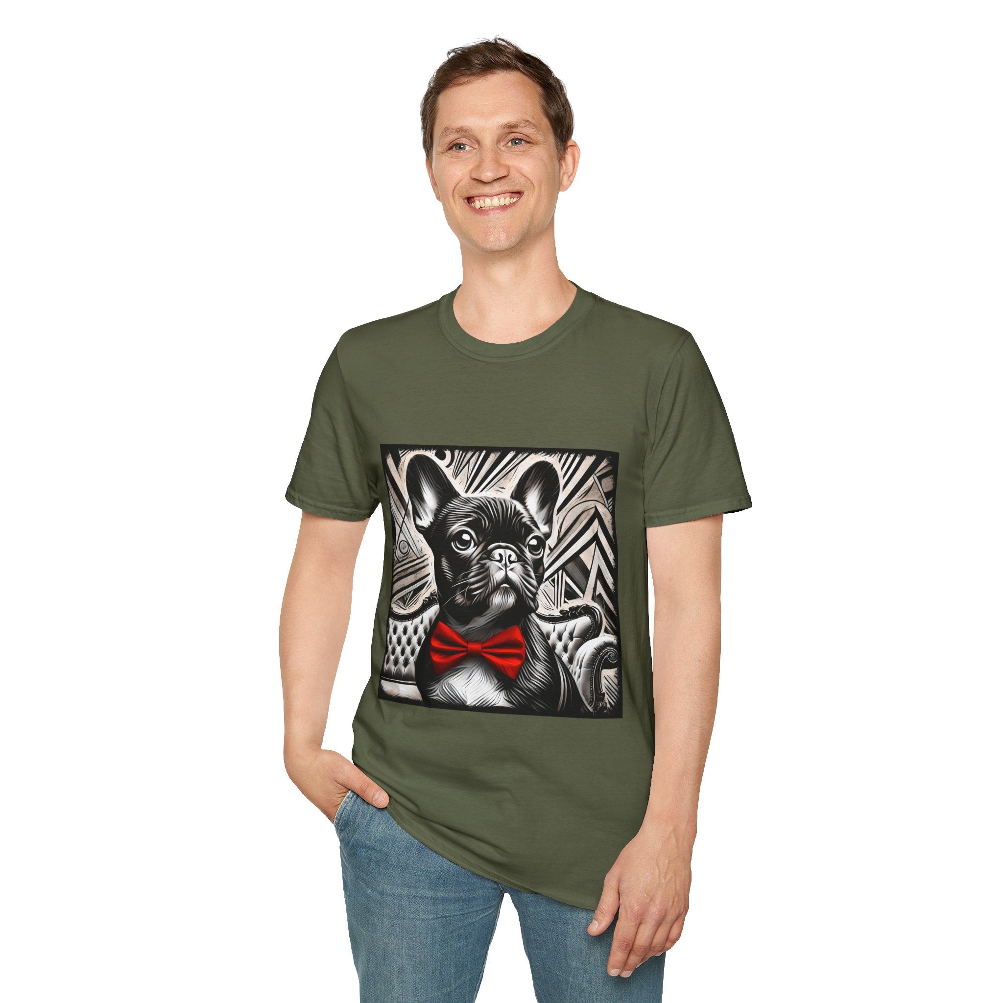 Male model in military green dog t-shirt featuring a black and white French Bulldog with a bold red bow tie and art deco backdrop.