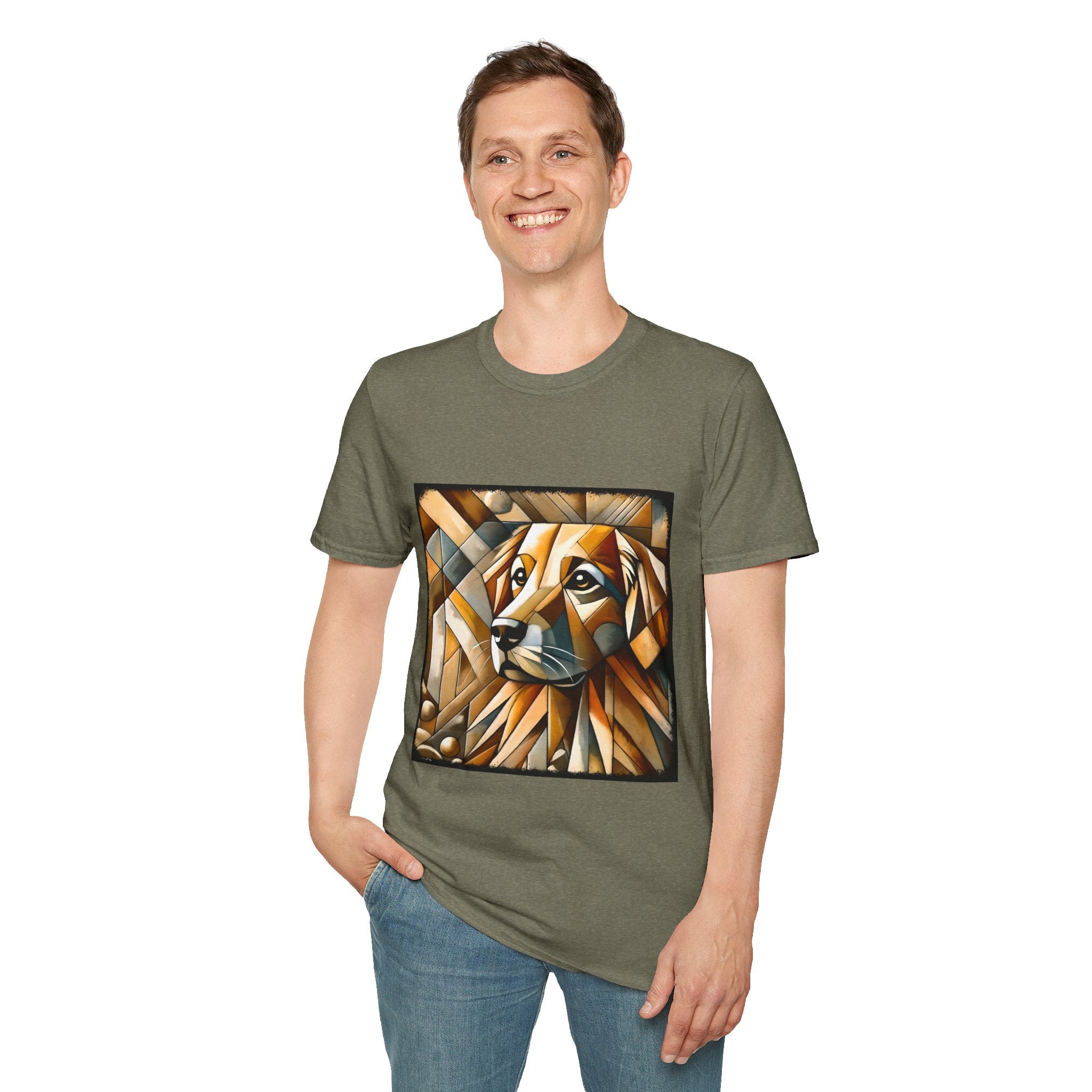 Male model in heather military green dog t-shirt featuring golden retriever in geometric cubist style with warm amber and tan tones.