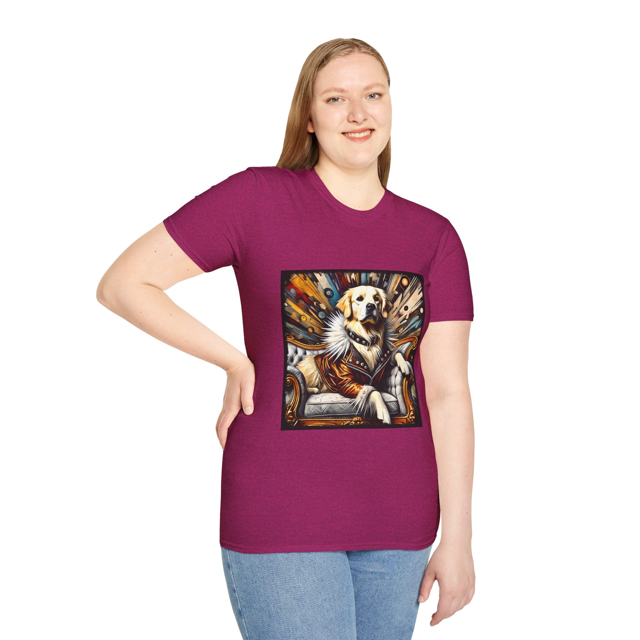 Female model in heather berry dog t-shirt featuring golden retriever in fur coat on gold throne with colorful backdrop.
