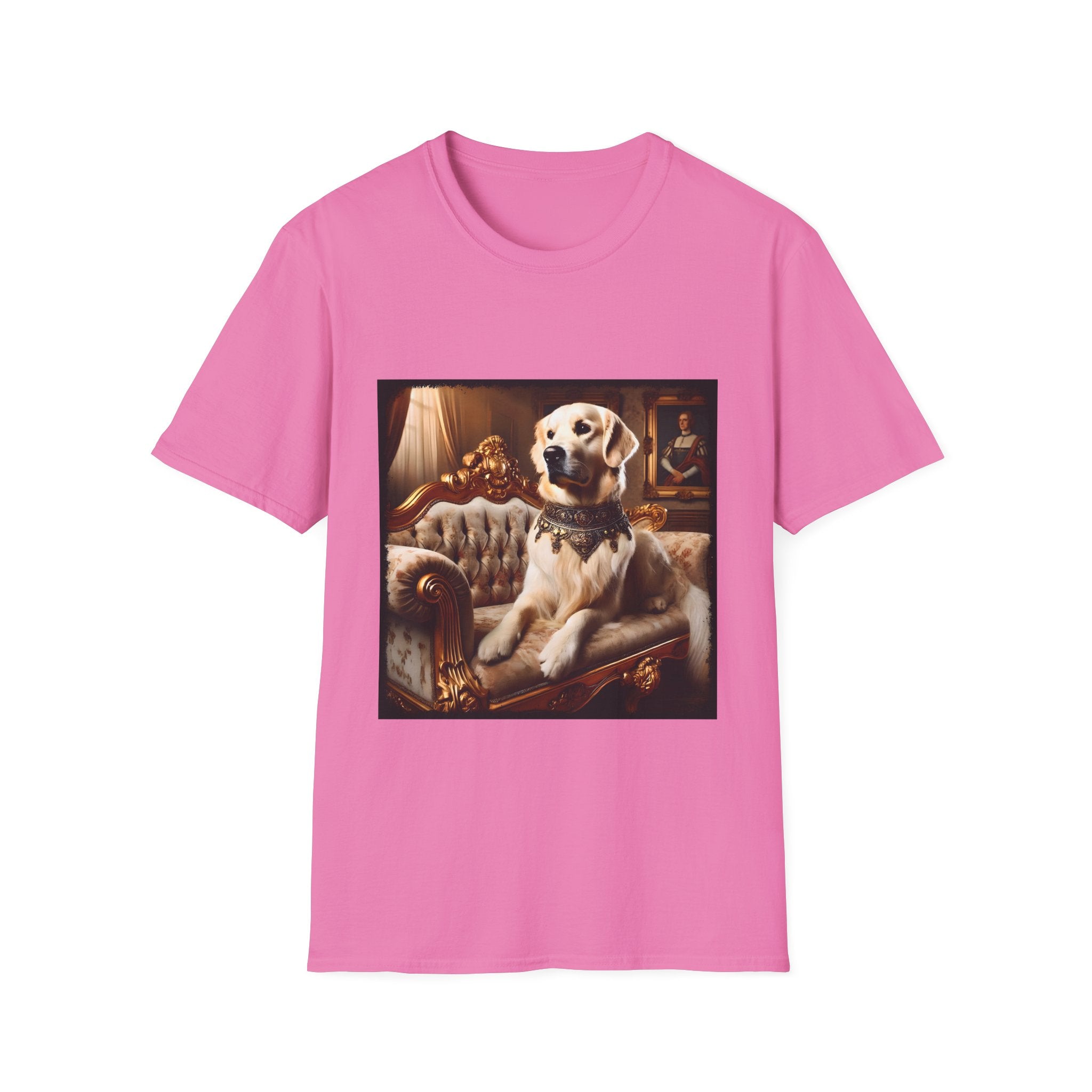 PInk dog t-shirt featuring golden retriever in jeweled collar on ornate cream and gold settee, regal setting.