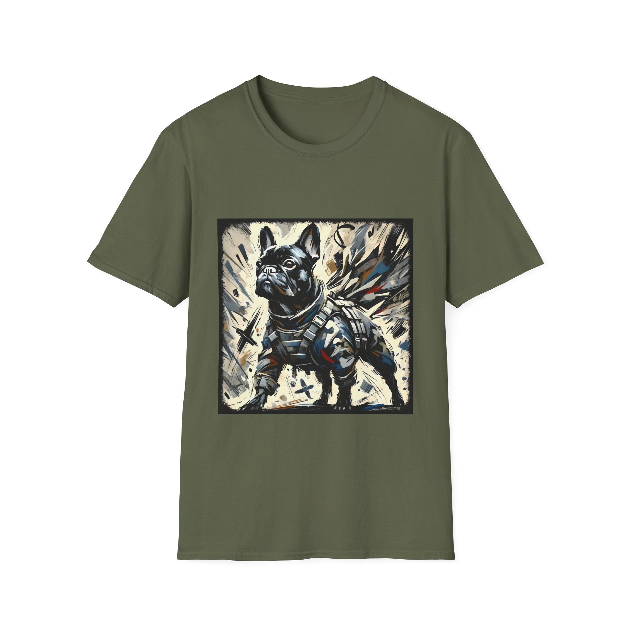 Military green dog t-shirt featuring heroic black French Bulldog in battle armor, set against abstract explosive strokes.