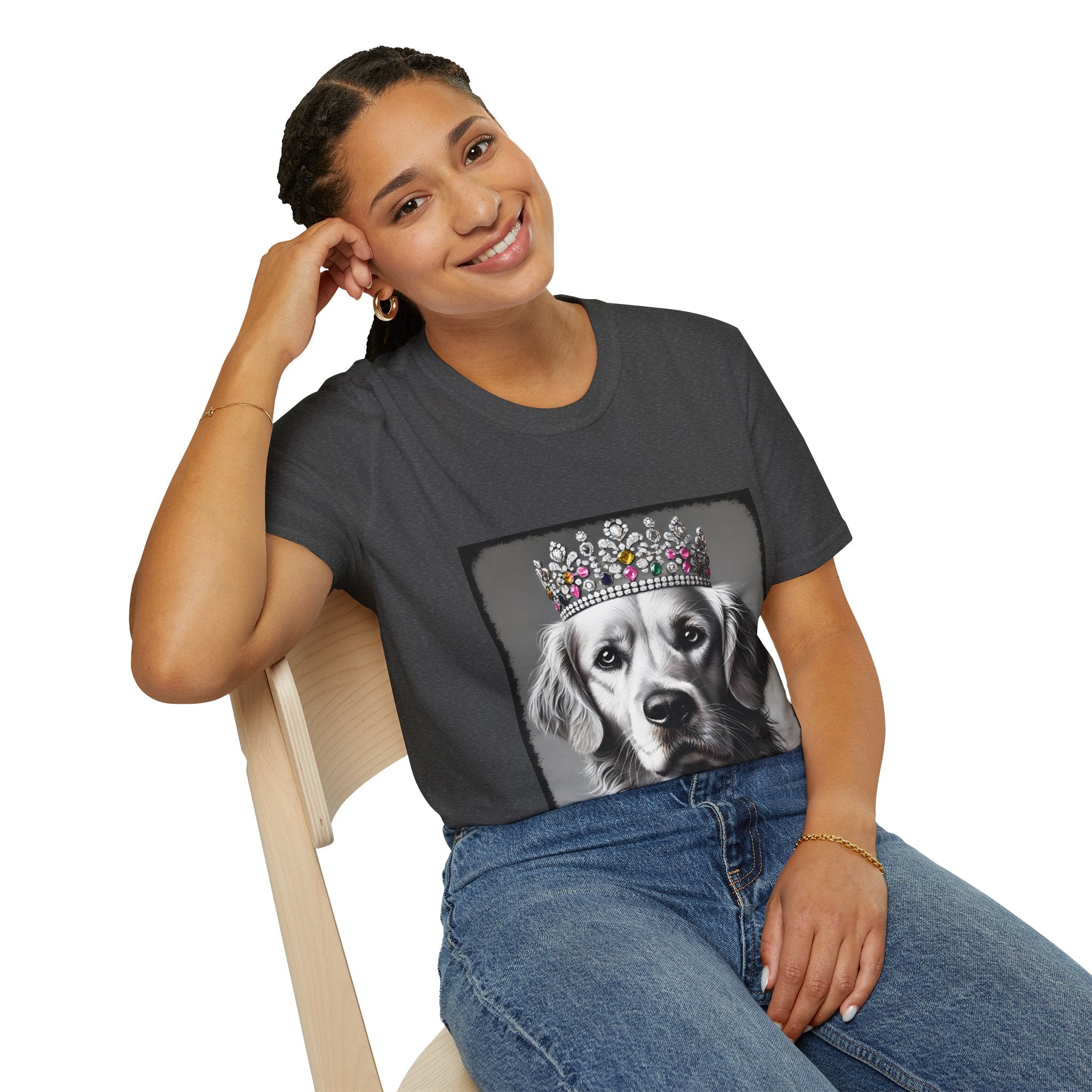 Female model wears dark heather dog t-shirt featuring a black-and-white princess Golden Retriever with jeweled crown on gray background.