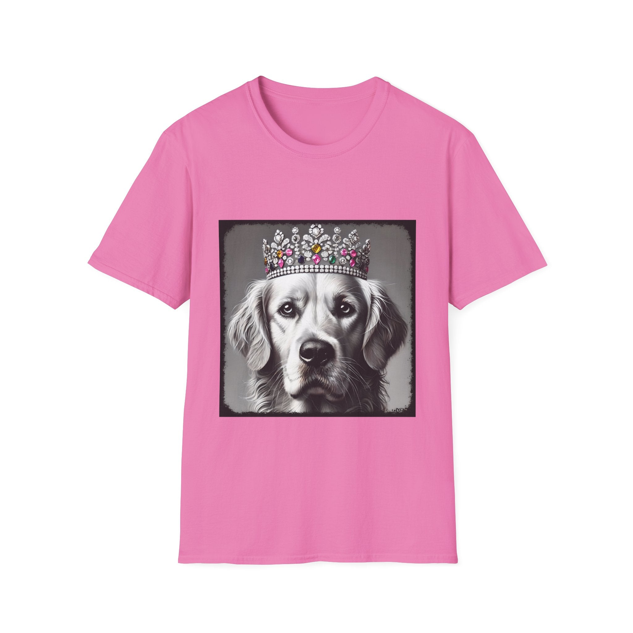 Pink dog t-shirt featuring a black-and-white princess Golden Retriever with jeweled crown on gray background.