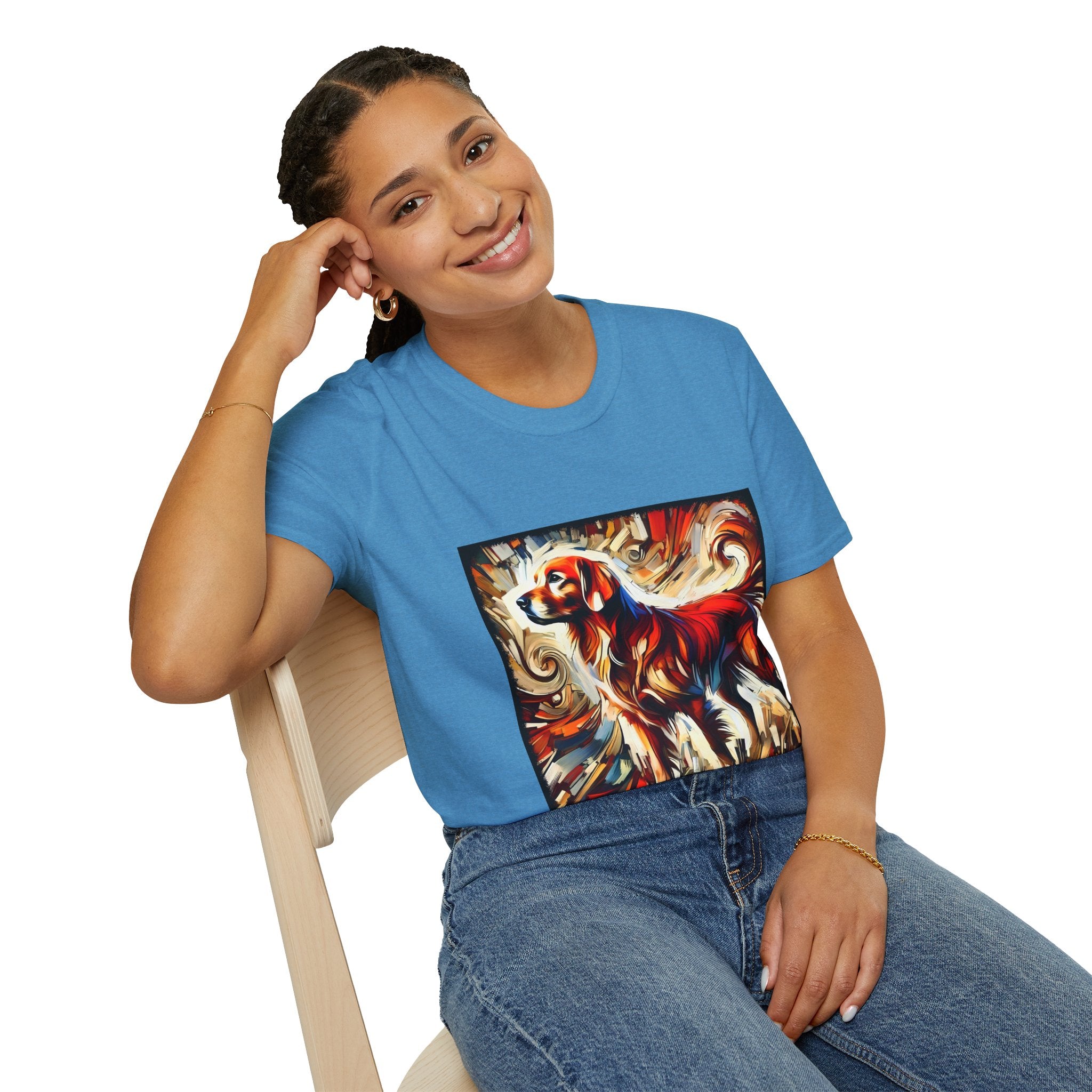 Female model in sapphire blue dog t-shirt with golden retriever in red coat, abstract swirl background in bold warm tones.