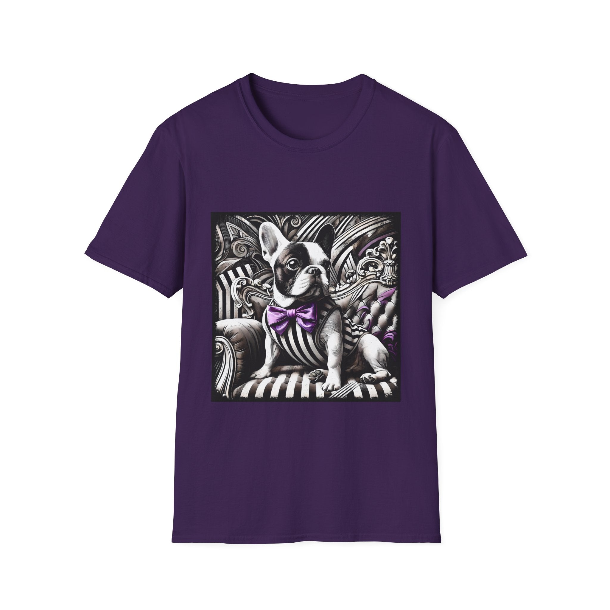 Purple dog t-shirt with French Bulldog in striped suit, purple bowtie, and ornate black swirl backdrop.