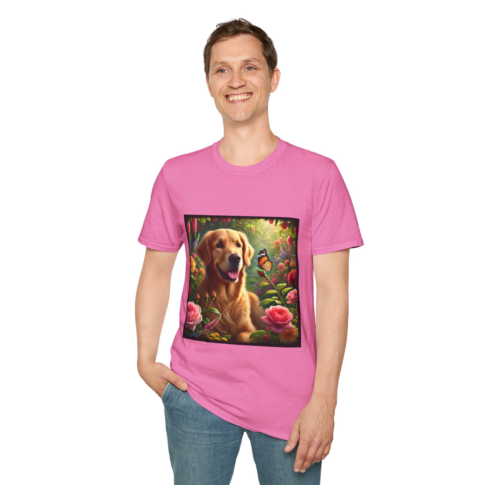 Male model wears pink dog t-shirt featuring a golden retriever in a vibrant garden with roses, wildflowers, and a butterfly.