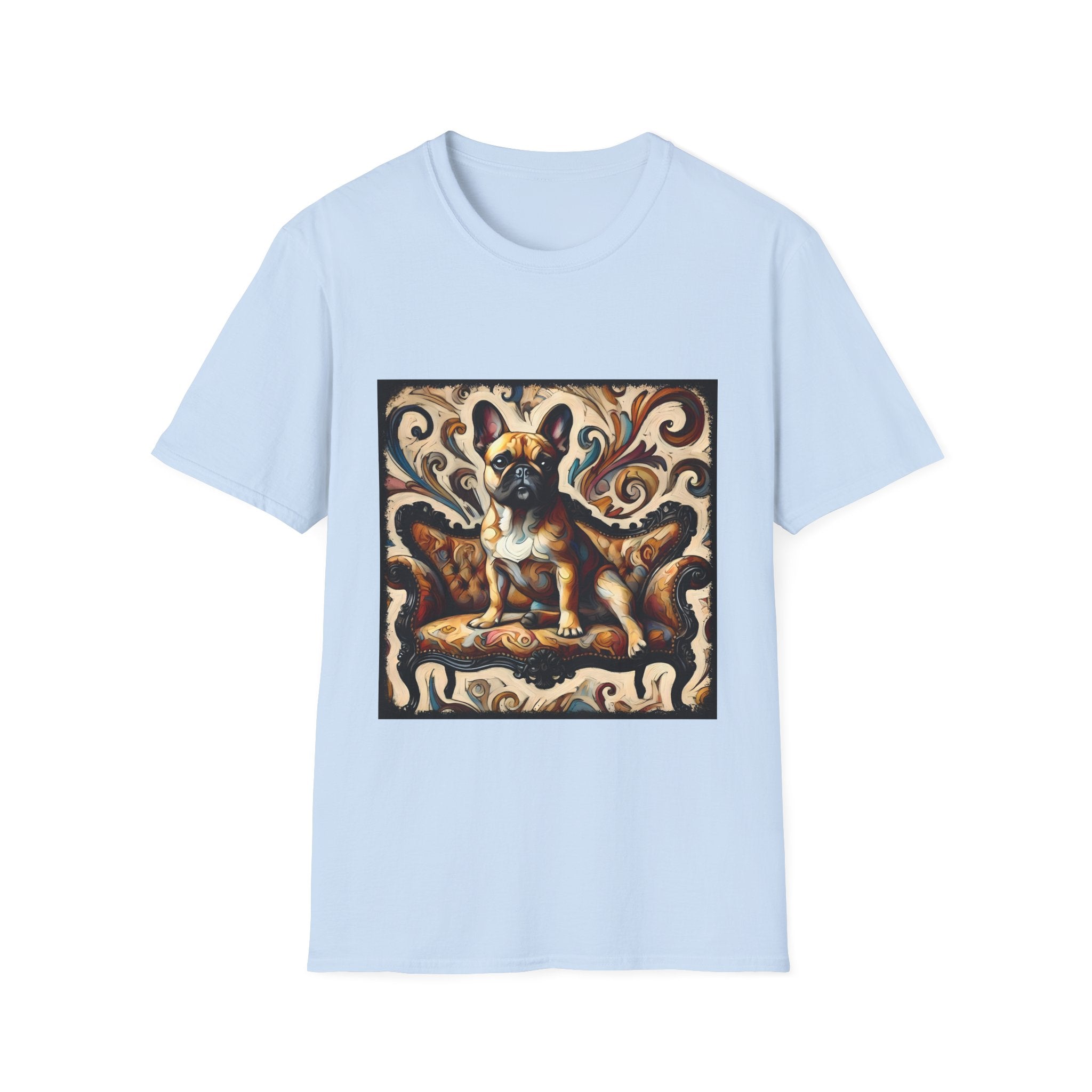 Light blue t-shirt featuring fawn French Bulldog on ornate amber and black settee with rich tan swirl backdrop.