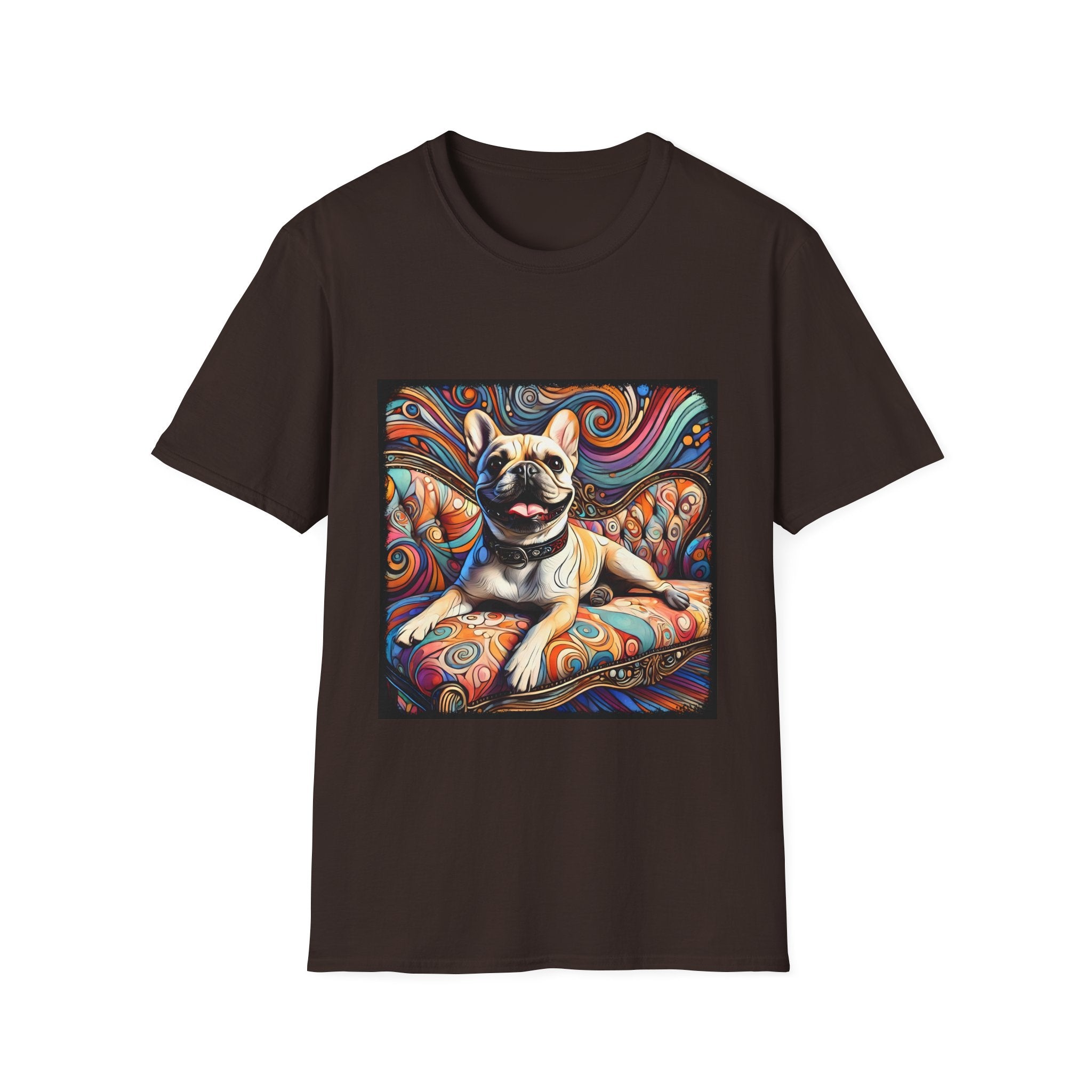 Chocolate brown dog t-shirt featuring fawn French Bulldog with collar lounging on colorful swirl settee with vivid abstract background.
