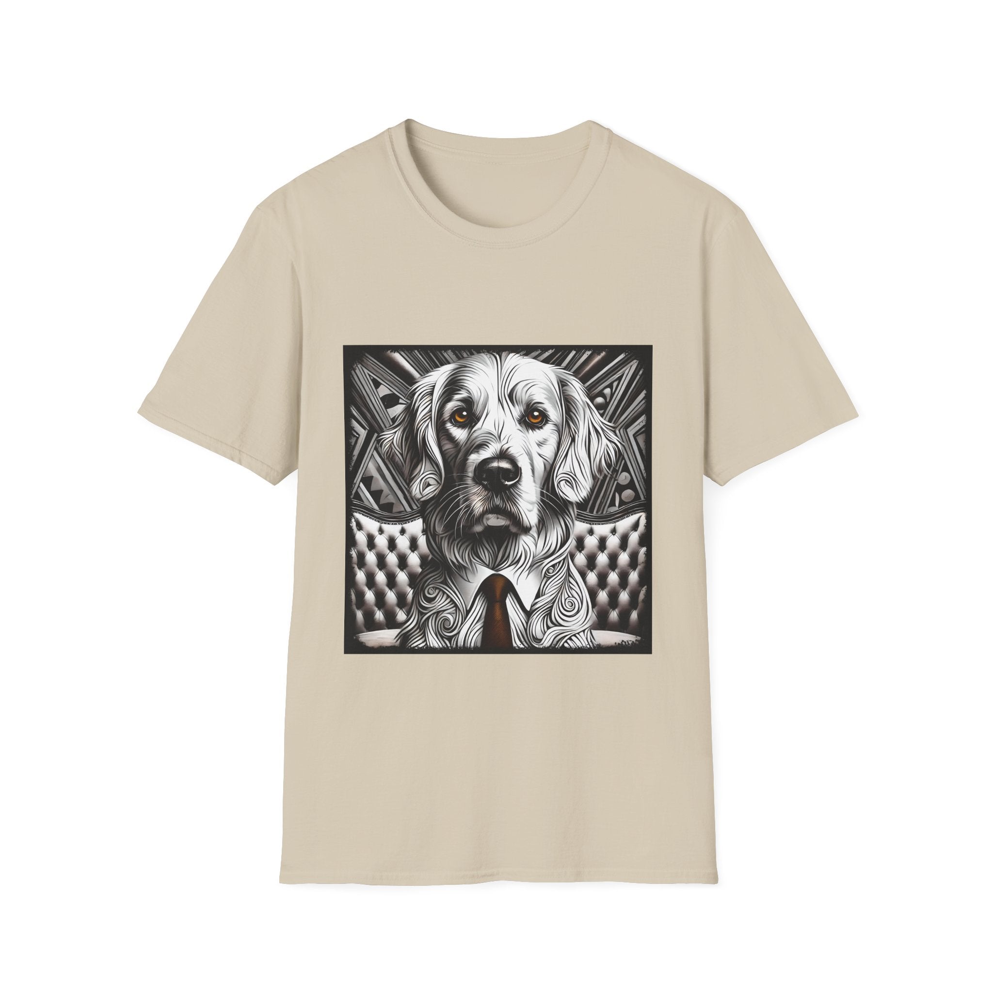 Sand dog t-shirt featuring monochrome golden retriever with brown eyes and tie in front of settee.