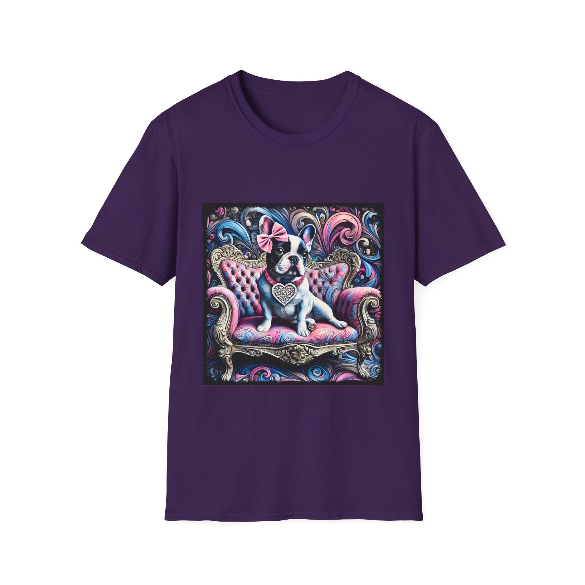 Purple dog t-shirt featuring a black and white French Bulldog with a pink bow, seated on a tufted pink and gold settee against a swirling blue, pink, and purple expressionist-style background.