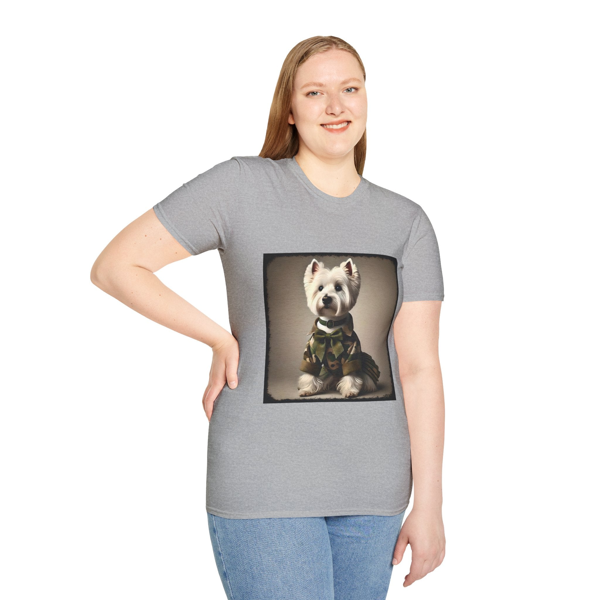 Female model in sport gray dog t-shirt featuring Westie in camouflage jacket and pleated skirt against neutral backdrop.