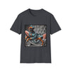 Dark heather gray dog t-shirt with a boxer in teal dress and bow on modern chair with striped wall and pink pillows.