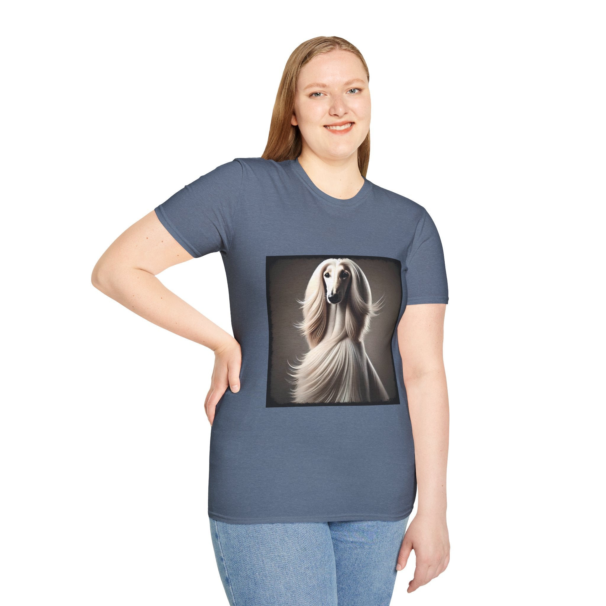 Front view of woman wearing stone blue dog t-shirt featuring a White Afghan Hound with flowing hair, set against a soft background