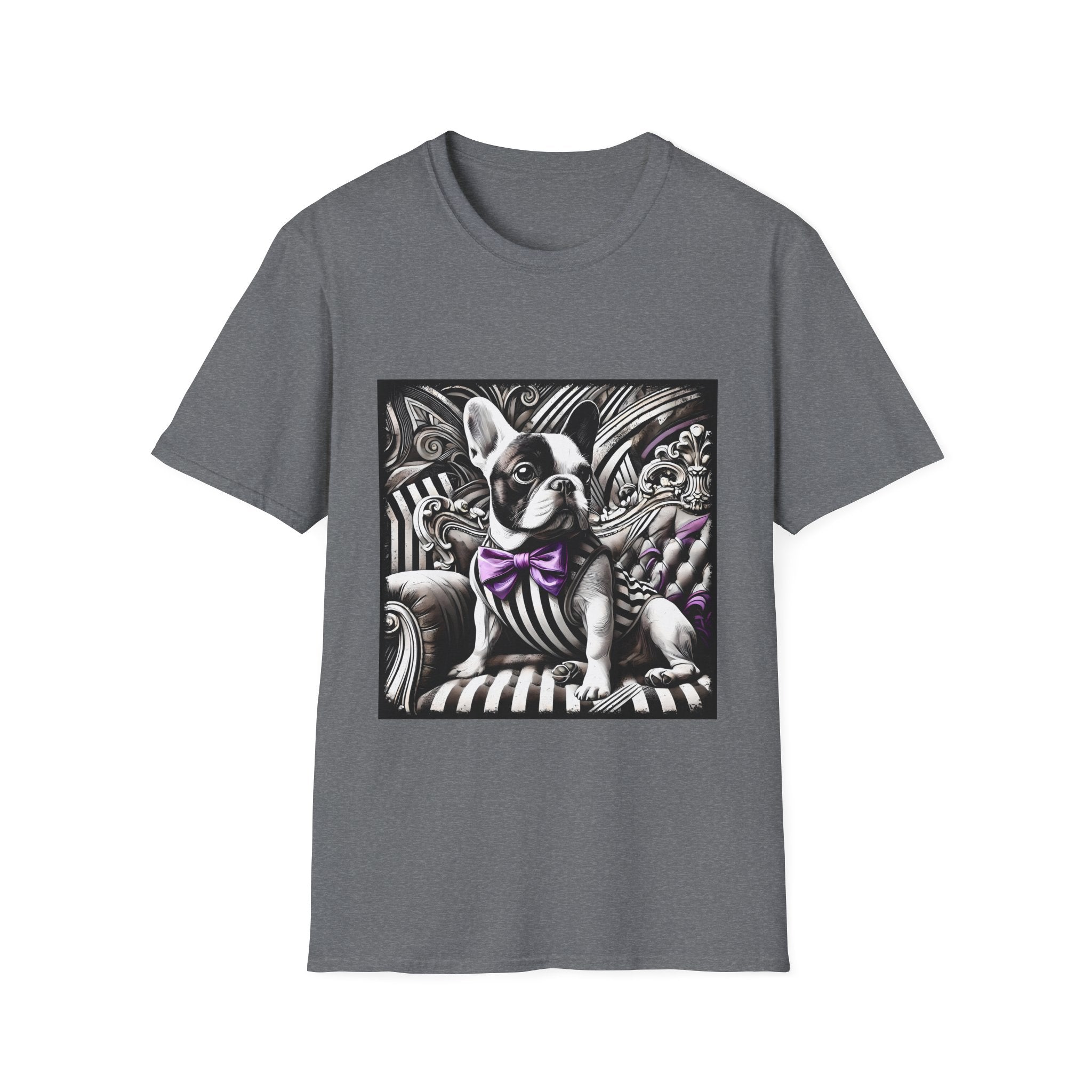 Graphite heather dog t-shirt with French Bulldog in striped suit, purple bowtie, and ornate black swirl backdrop.