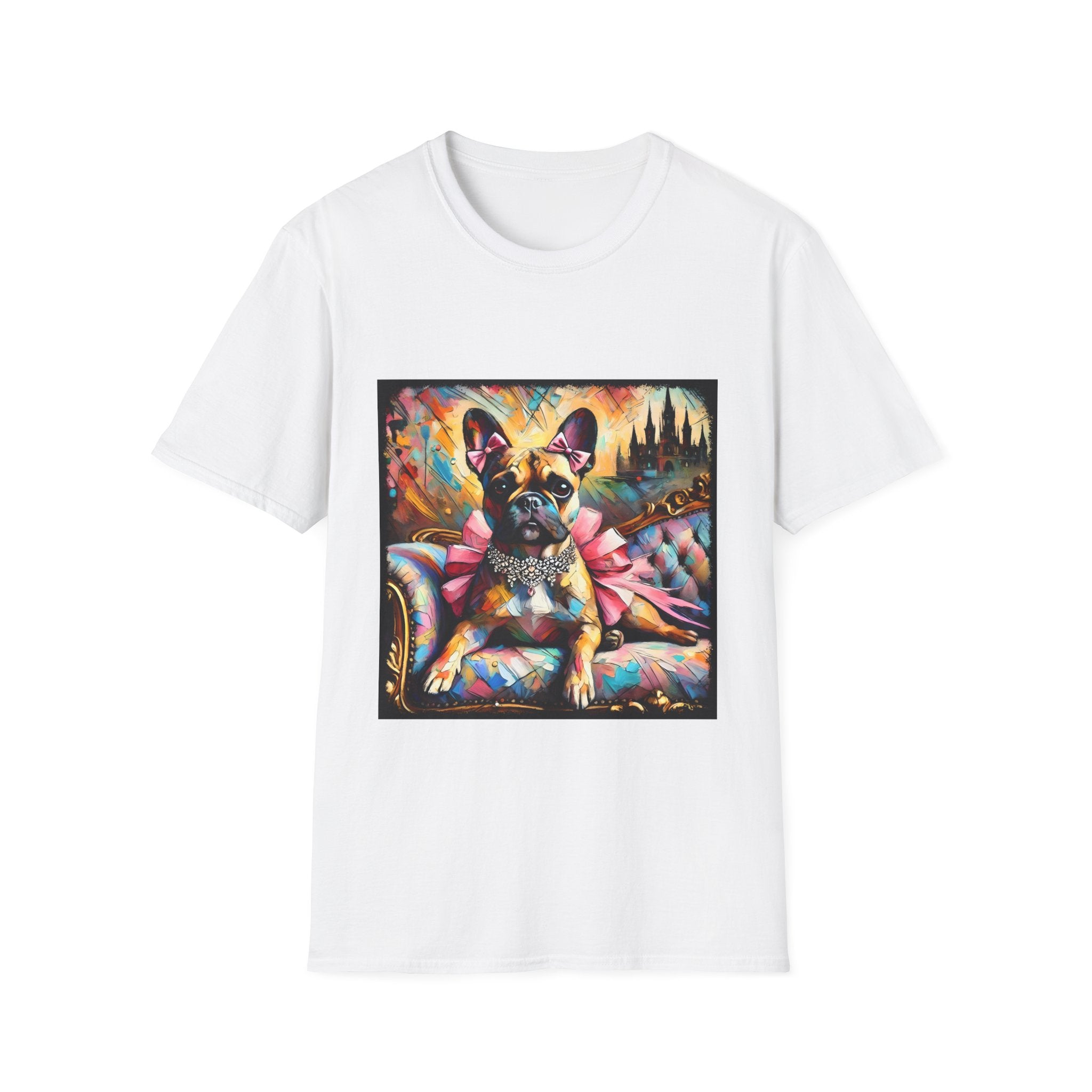 White dog t-shirt featuring fawn French Bulldog with jeweled collar on settee, vivid swirl and castle background.