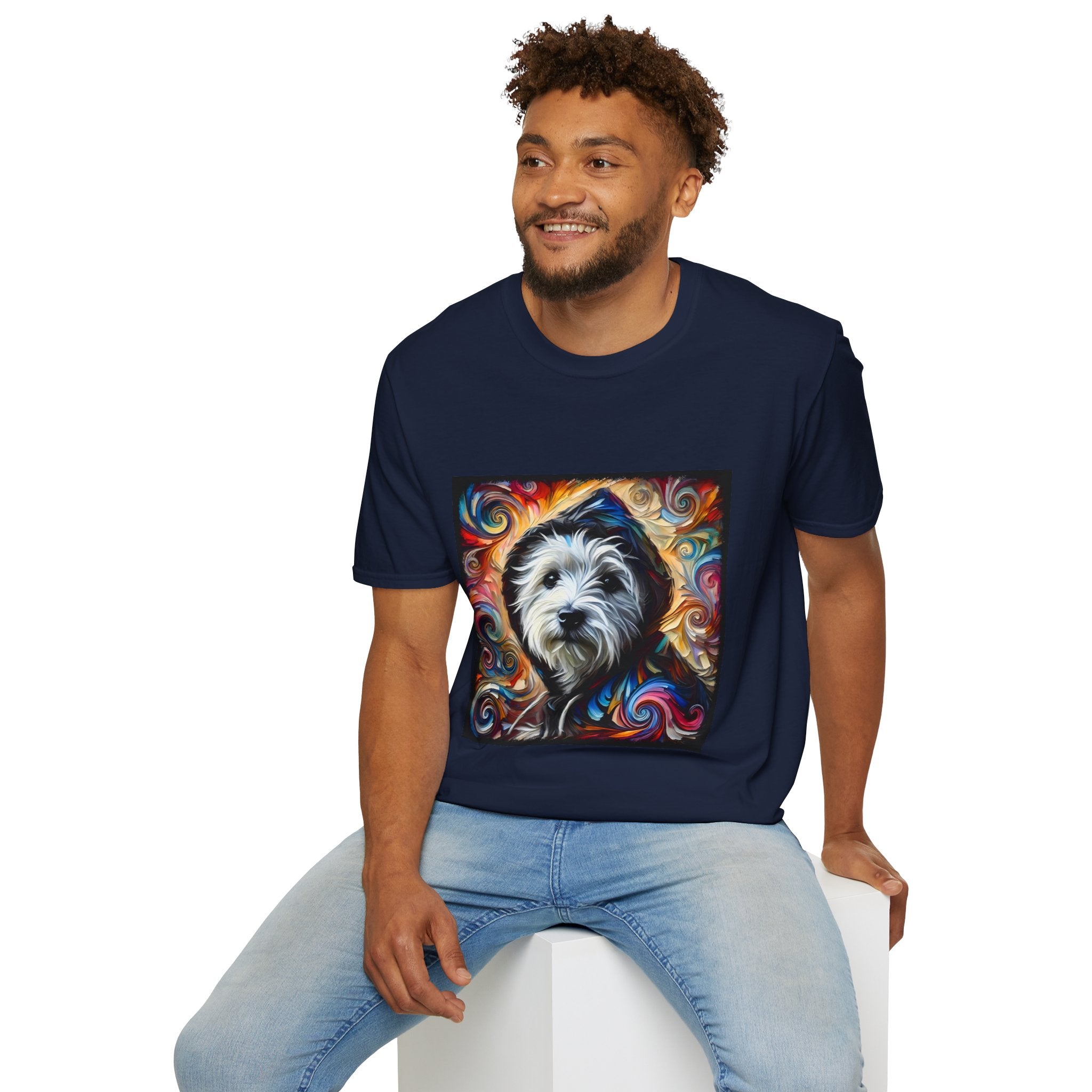 Male model in navy blue dog t-shirt featuring Westie in black hoodie with swirling red blue orange and gold background.