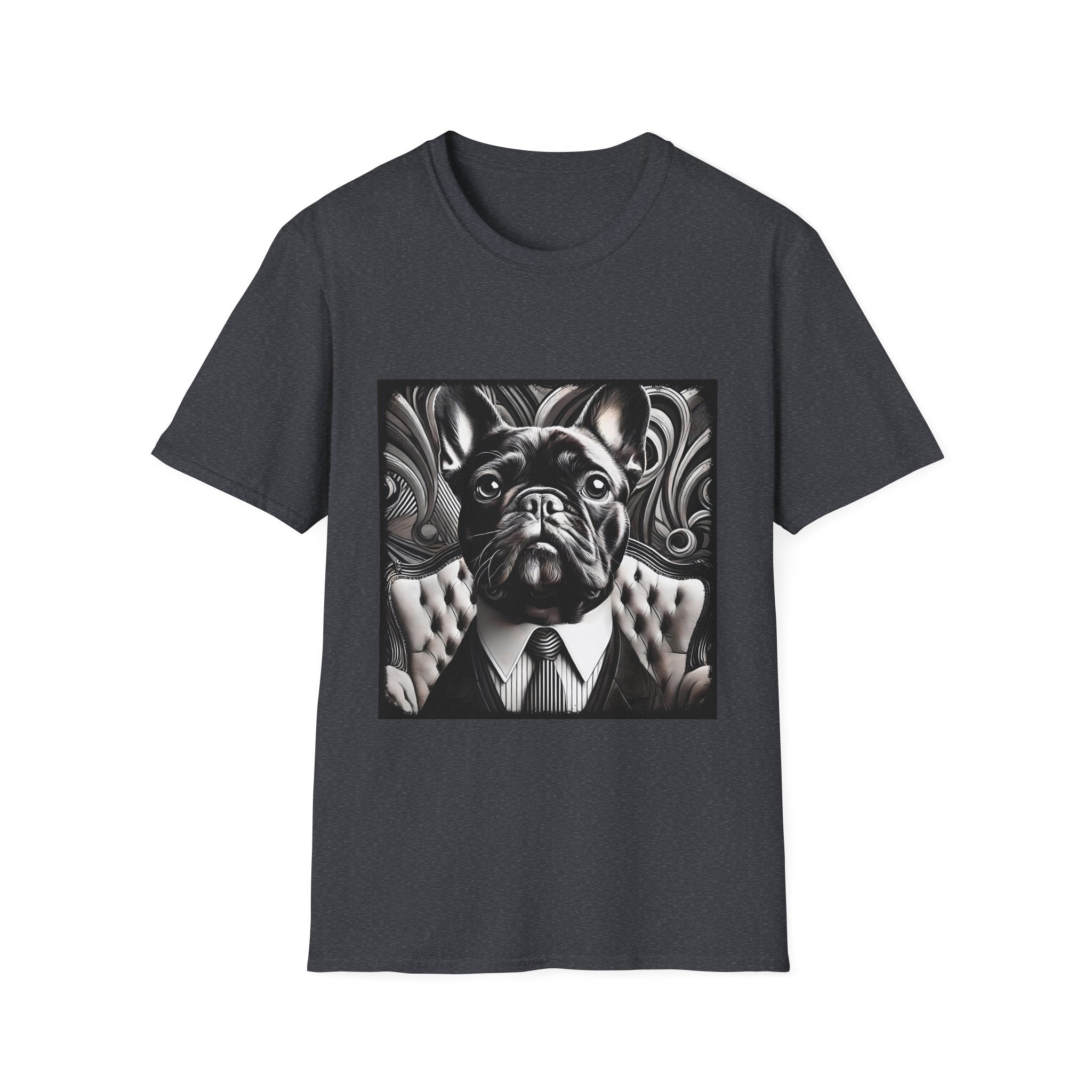 Dark heather gray dog t-shirt featuring black French Bulldog in suit with swirl background, monochrome style.