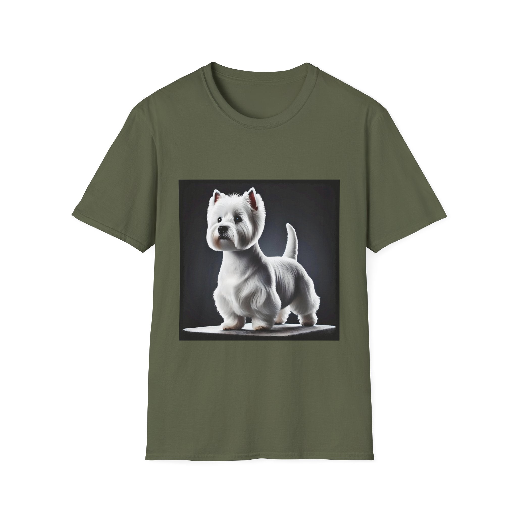 Military green dog t-shirt featuring a Westie standing proud on a platform against a dramatic dark backdrop.