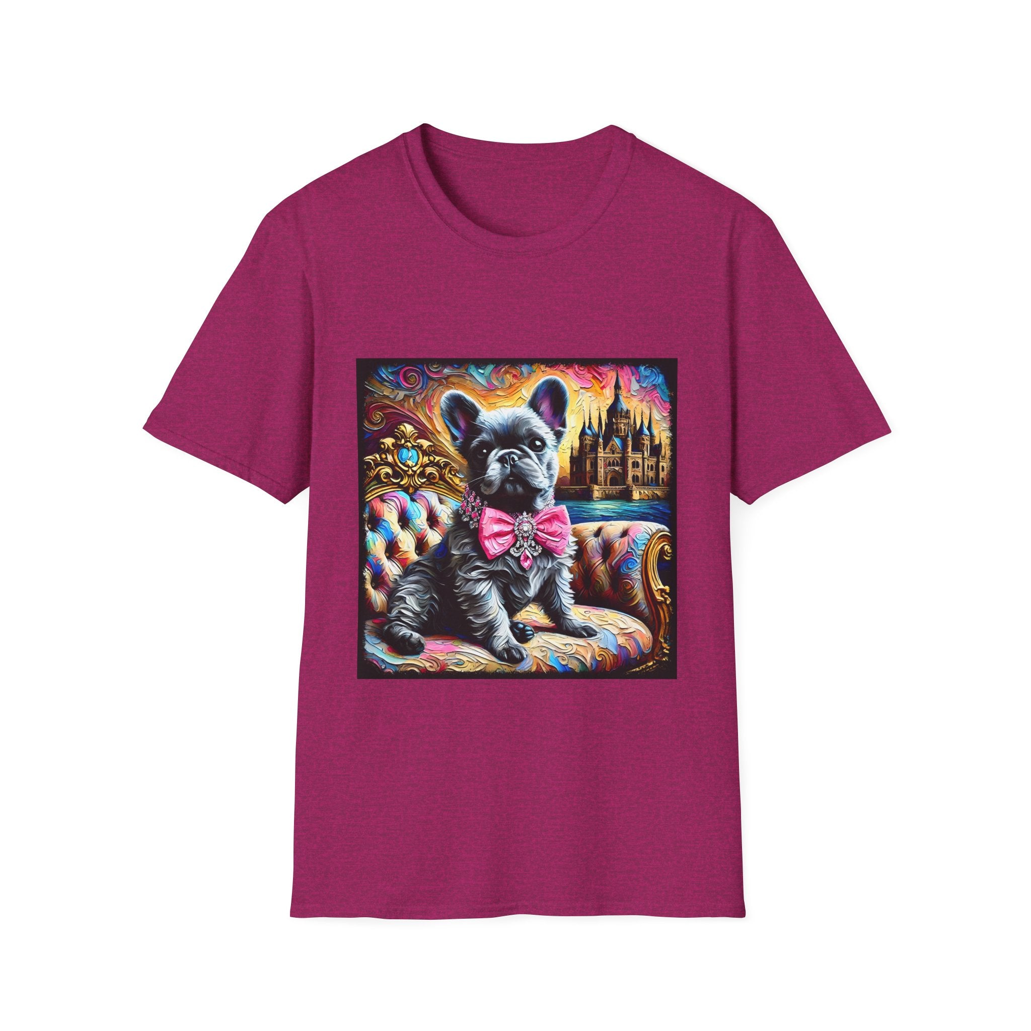 Antique Heliconia dog t-shirt featuring a black French Bulldog in pink bow on ornate settee, with vivid castle and swirl background.