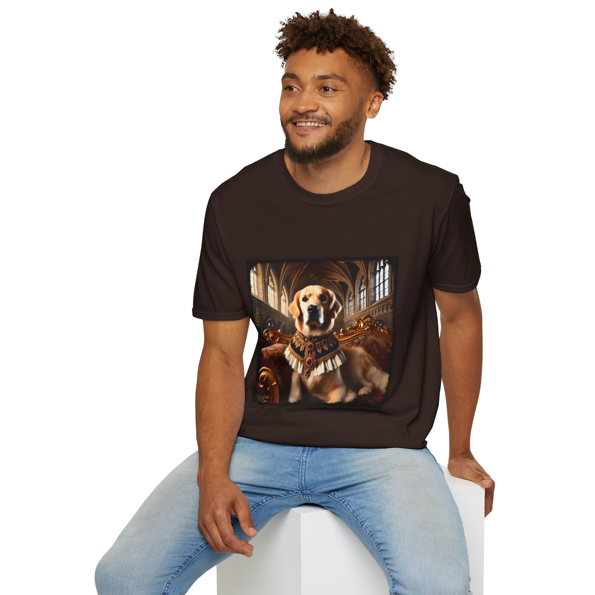 Male model in dark chocolate dog t-shirt featuring golden retriever in royal collar on ornate settee in gothic hall.