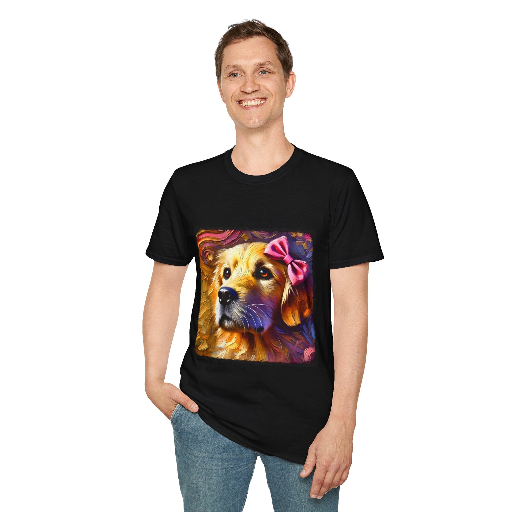Male model in black dog t-shirt featuring golden retriever with pink bow on head, set against vivid painterly swirls.