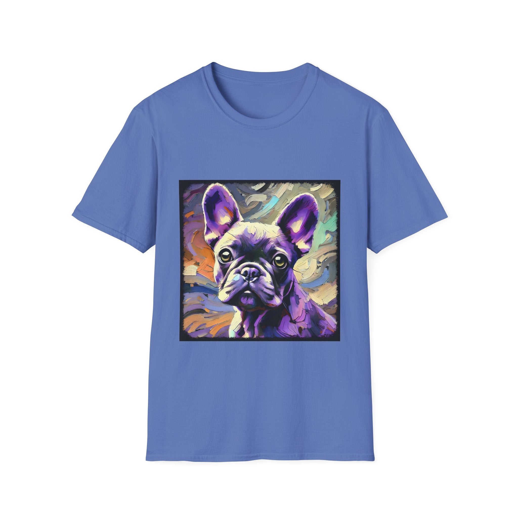 Cornflower blue dog t-shirt featuring a lavender purple French Bulldog with swirling brushstrokes of teal, orange, and cream.