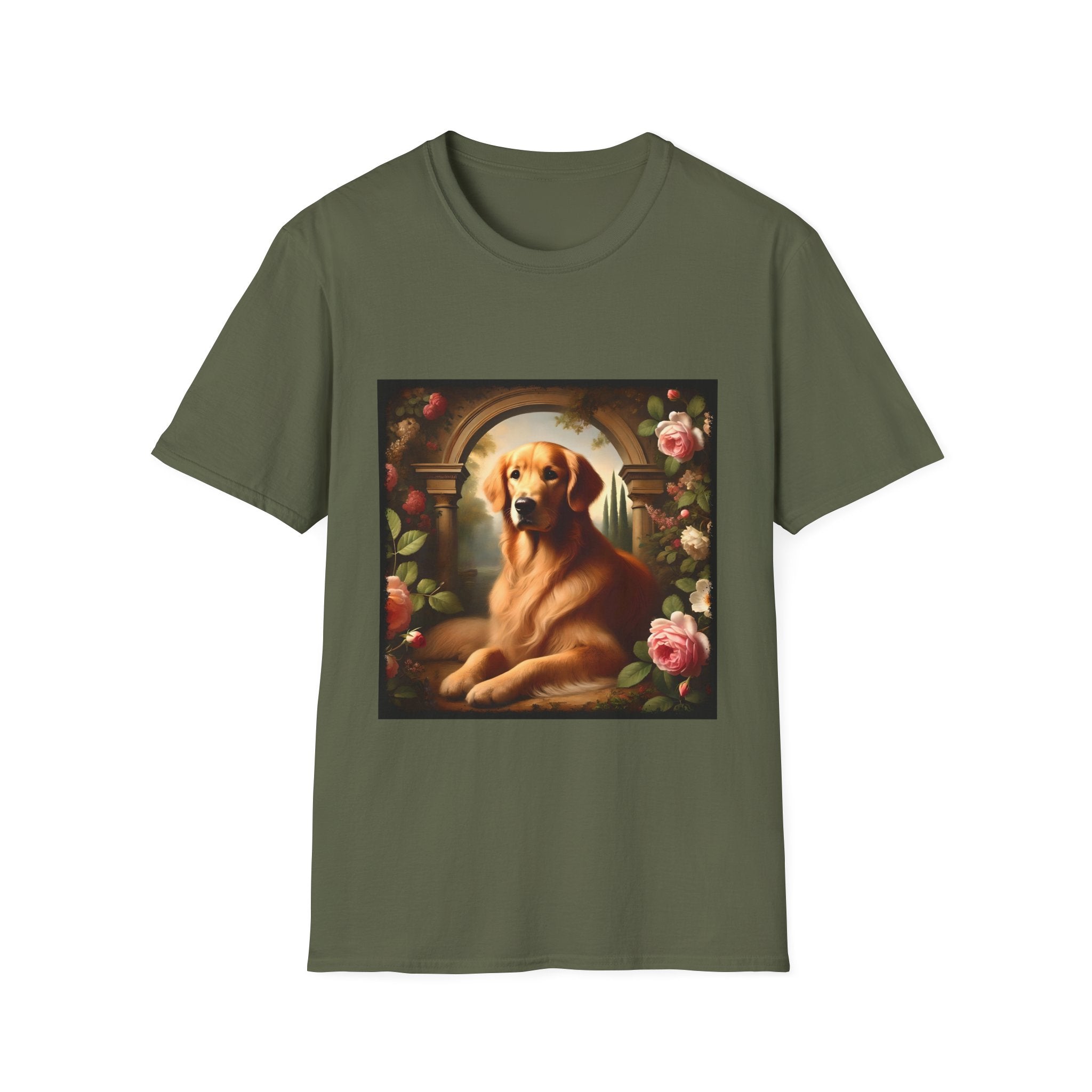 Military green dog t-shirt featuring golden retriever lounging under stone arch, surrounded by roses and greenery.