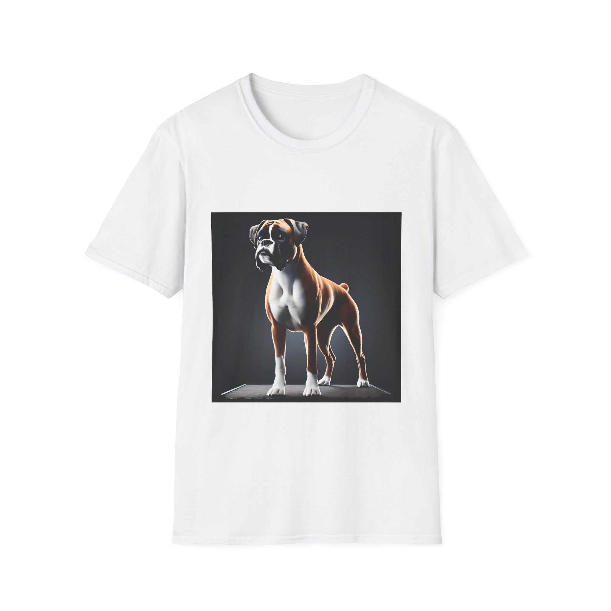 White dog t-shirt featuring standing boxer on platform with black background and dramatic lighting.