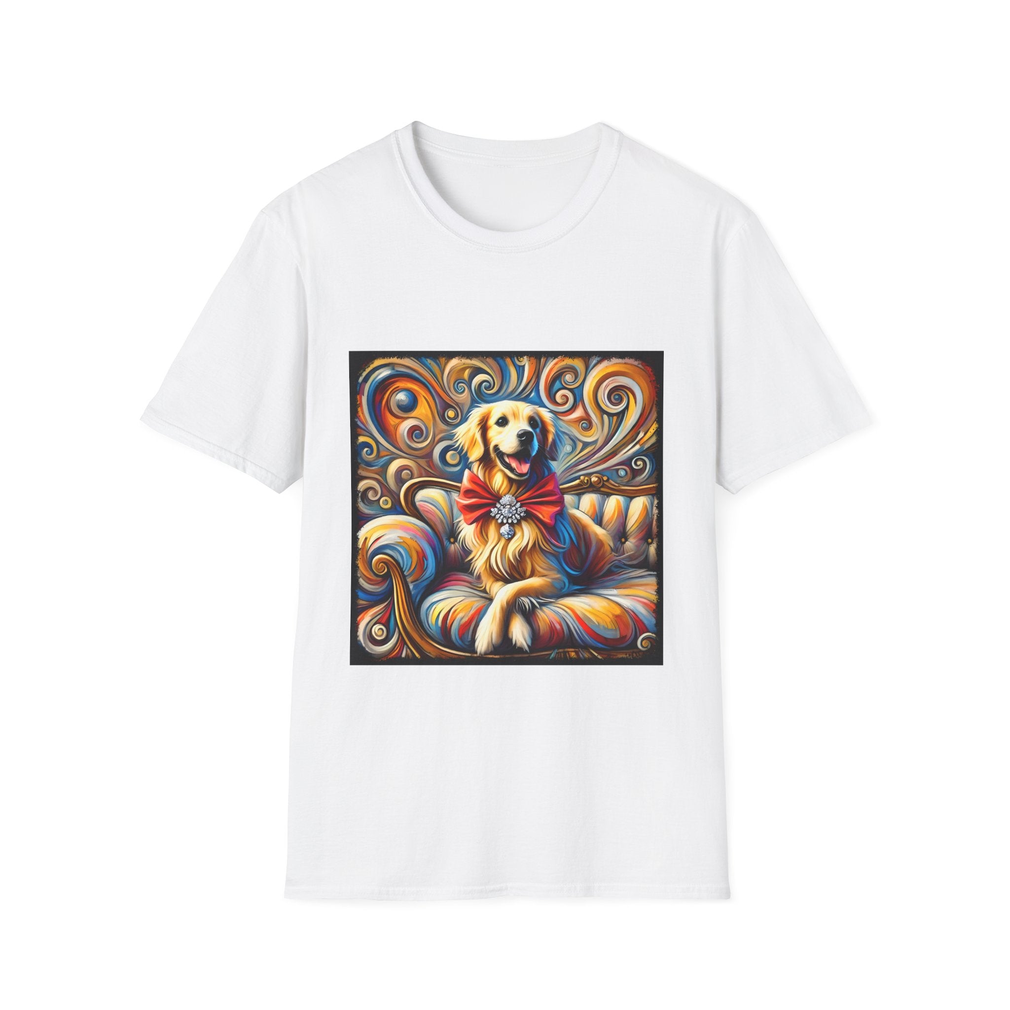 White dog t-shirt featuring golden retriever with red bow on colorful swirl settee background.

