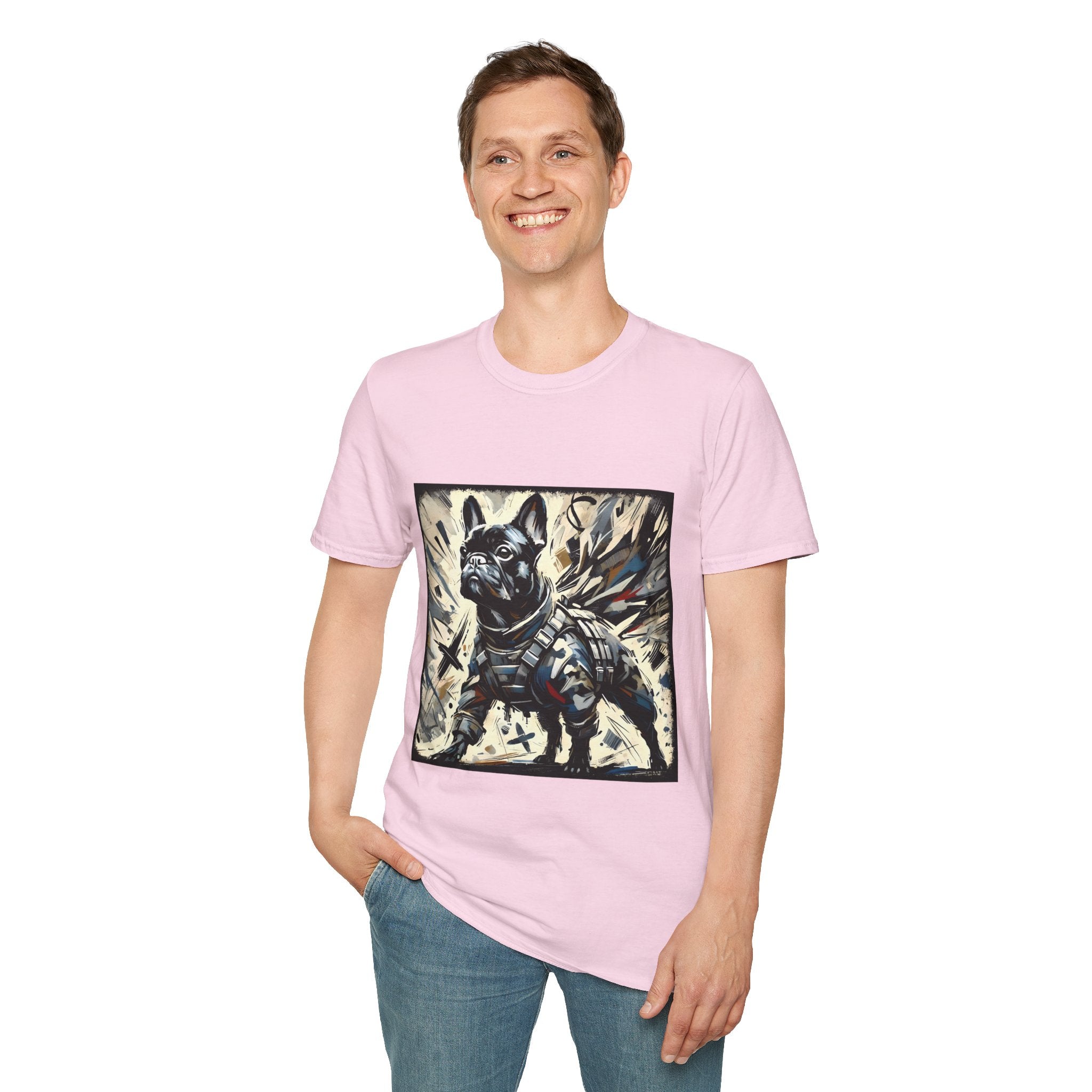 Man smiling in light pink dog t-shirt featuring heroic black French Bulldog in battle armor, set against abstract explosive strokes.