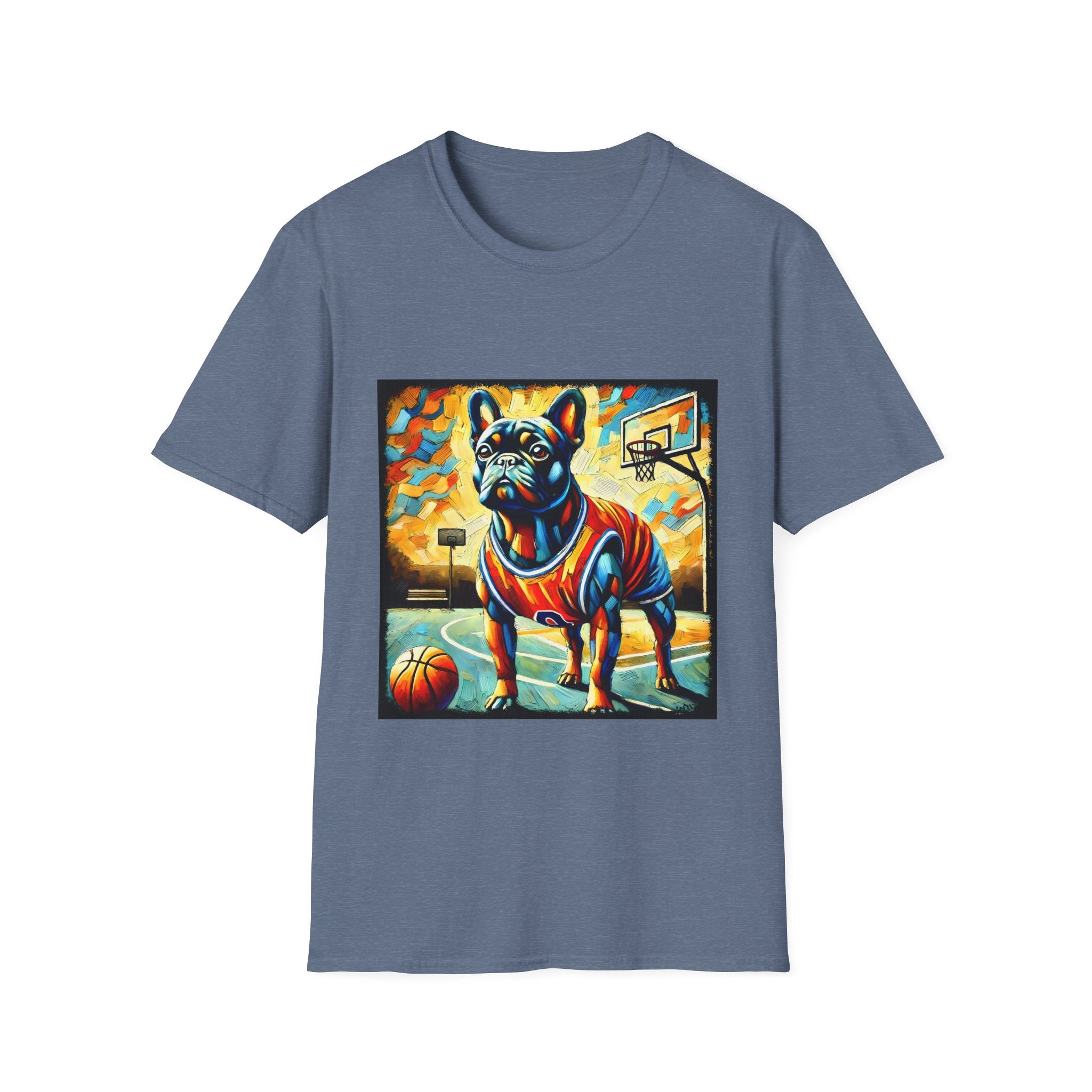 Heather indigo dog t-shirt featuring French Bulldog in red jersey on basketball court, expressionism style.