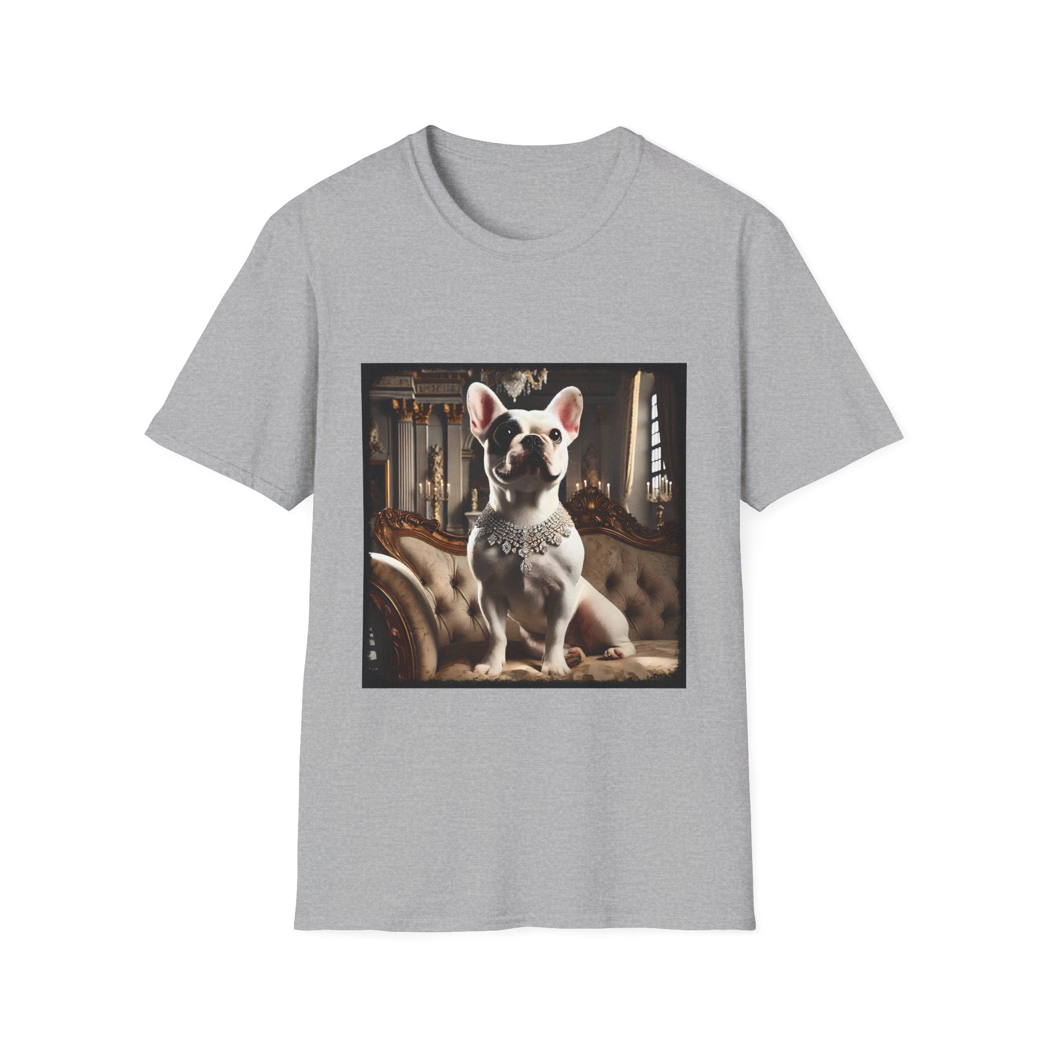 Light Gray dog t-shirt featuring white French Bulldog wearing jeweled necklace, seated on tufted settee in elegant palace setting.