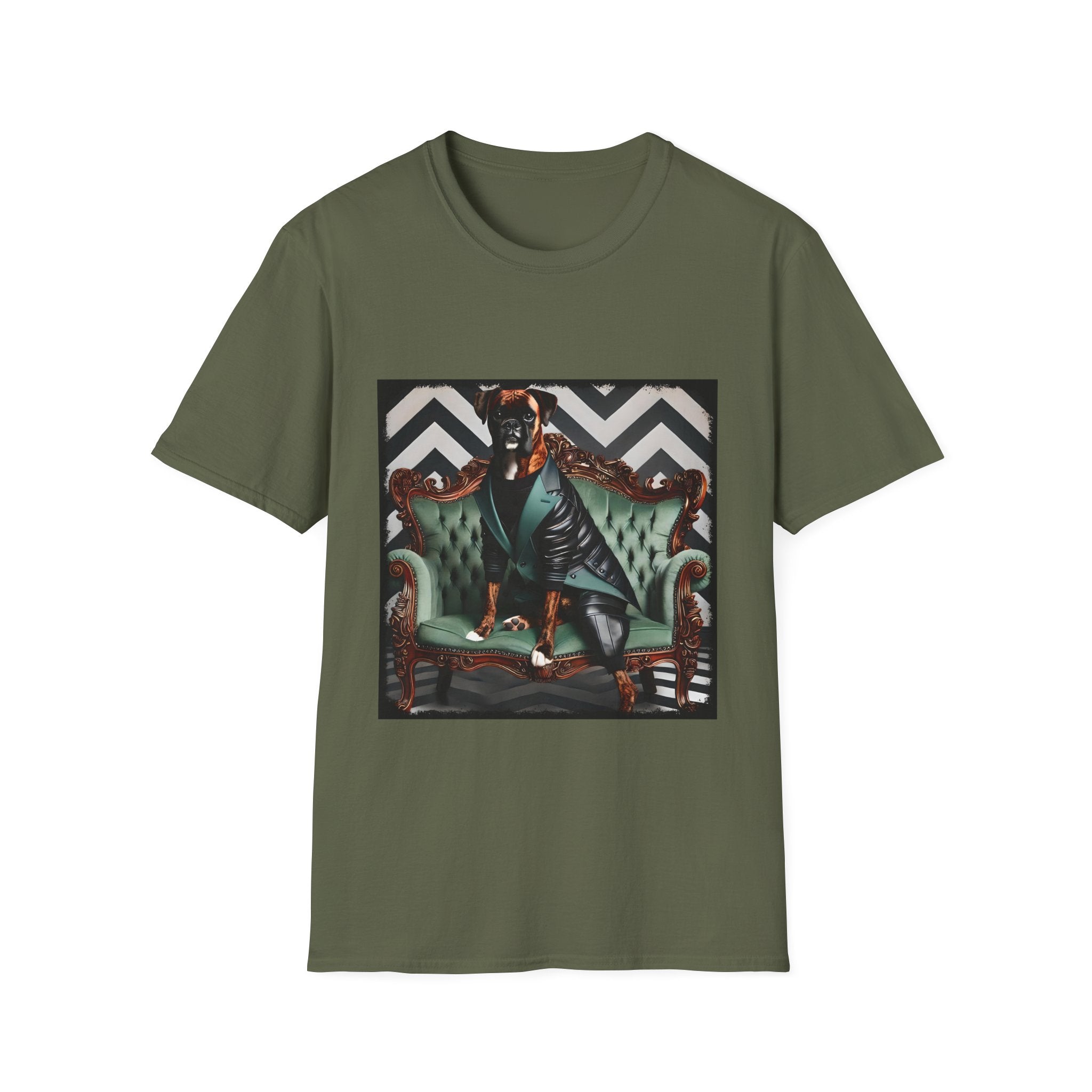 Military green dog t-shirt featuring a brindle boxer in leather jacket on green settee with chevron wall backdrop.