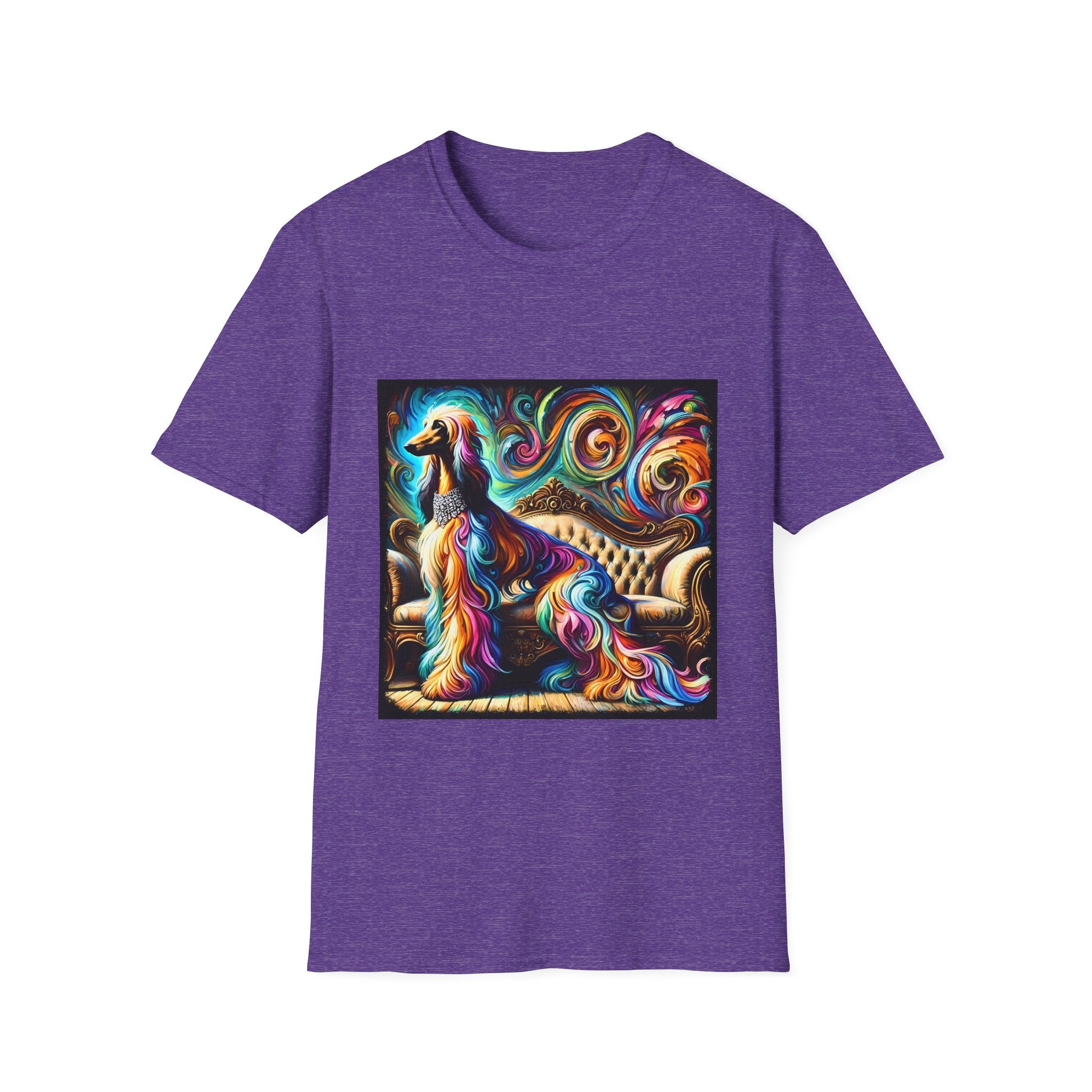 front view of heather purple dog t-shirt of Afghan Hound dog sitting before ornate settee, colorful swirling fur and vivid abstract background.