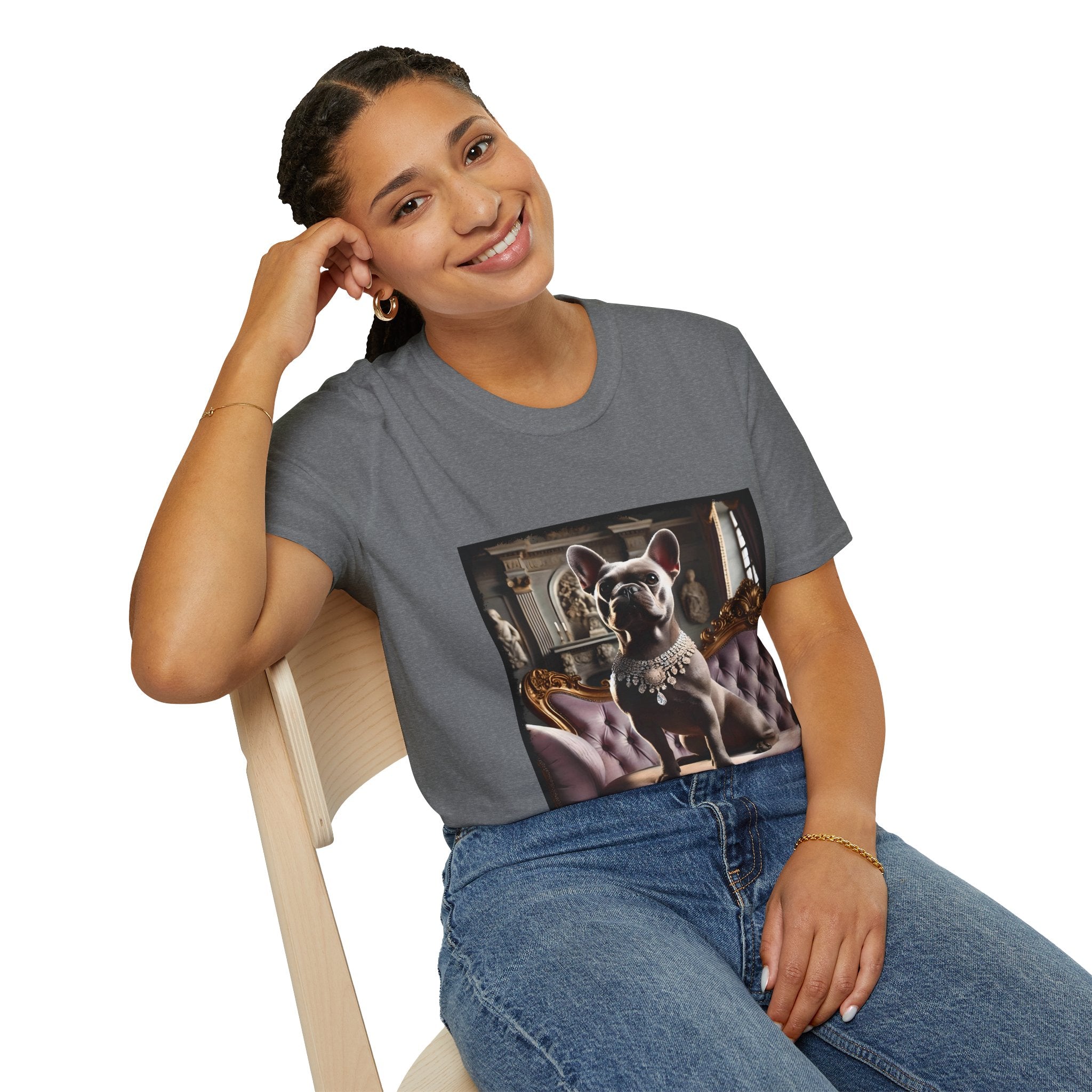 Female model in graphite heather dog t-shirt featuring gray French Bulldog in jeweled necklace on tufted settee in palace setting.
