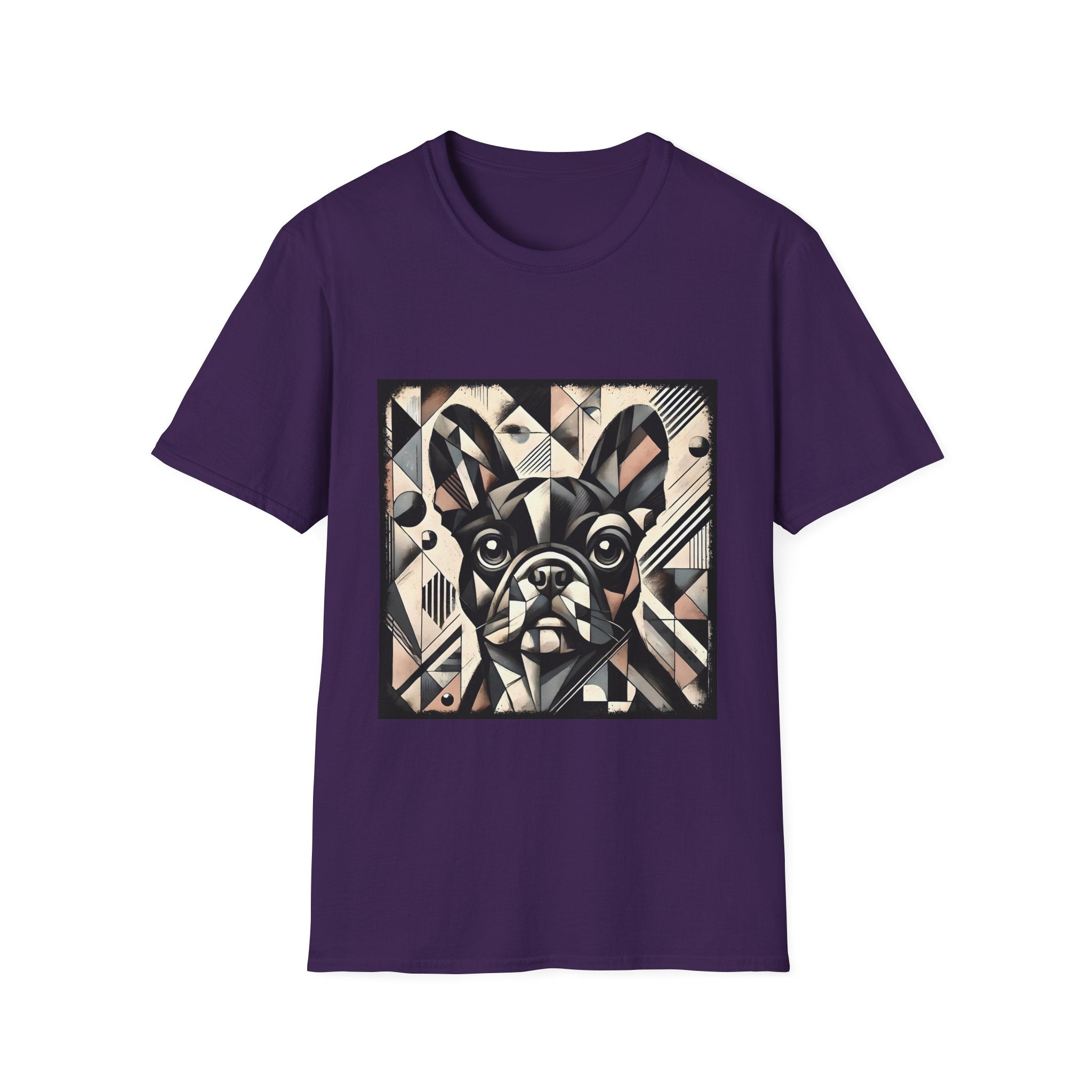 Purple dog t-shirt featuring geometric French Bulldog in cubist tones of black, beige, cream, and soft blush.