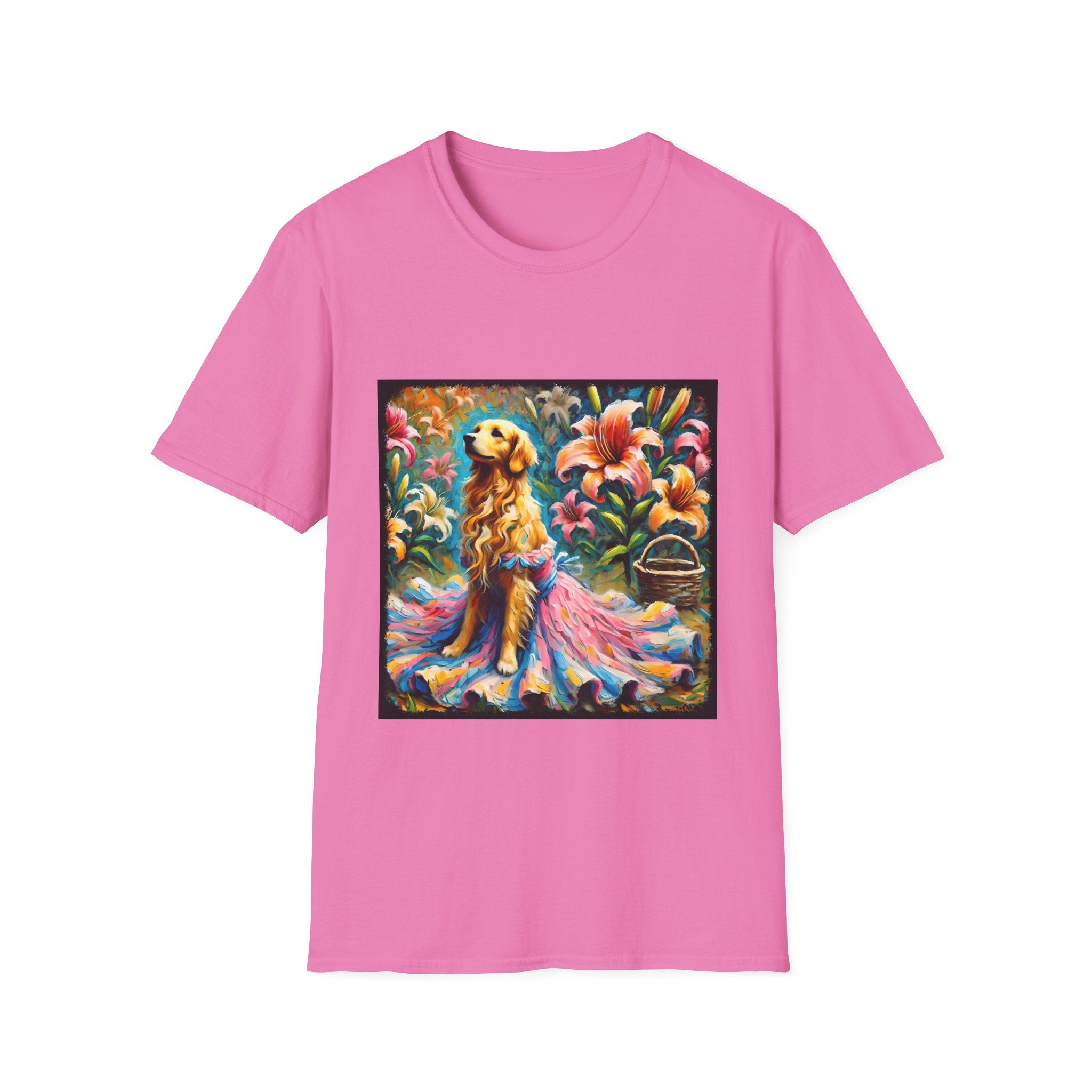 Pink dog t-shirt featuring golden retriever in pink-and-purple gown surrounded by vibrant tropical flowers.