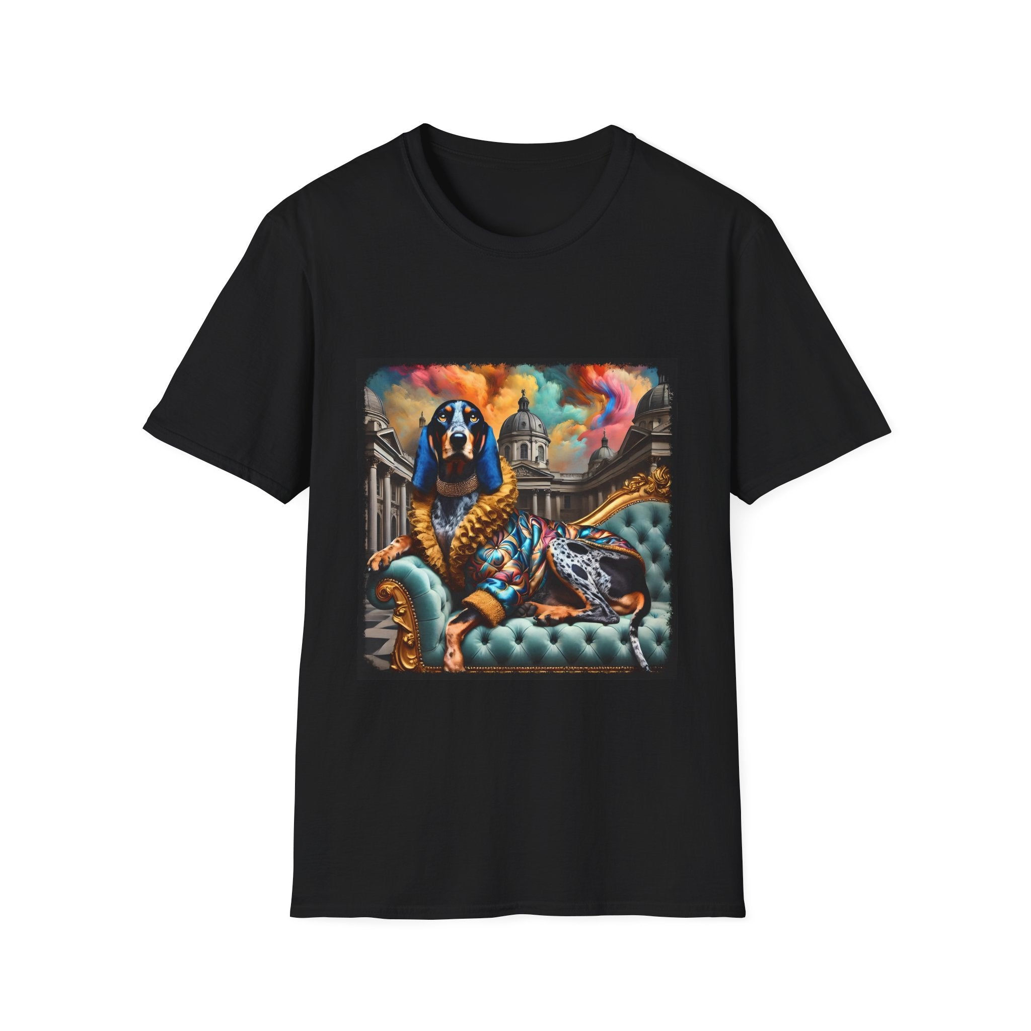 Black dog t-shirt featuring coonhound on teal settee wearing ornate gold-trimmed robe with silk scarf.