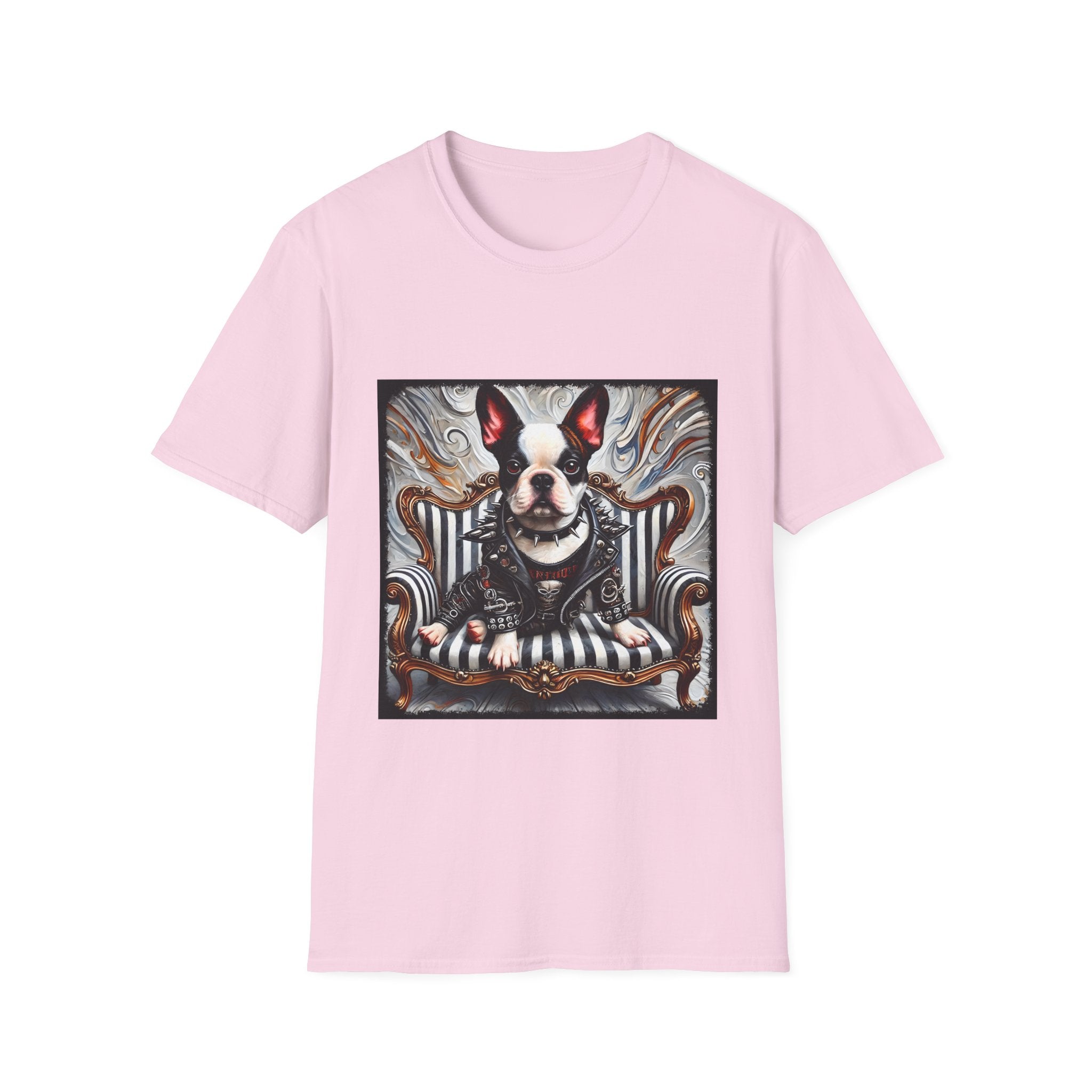 Light pink dog t-shirt featuring Boston Terrier in leather studded jacket on striped chair with metallic swirl background.