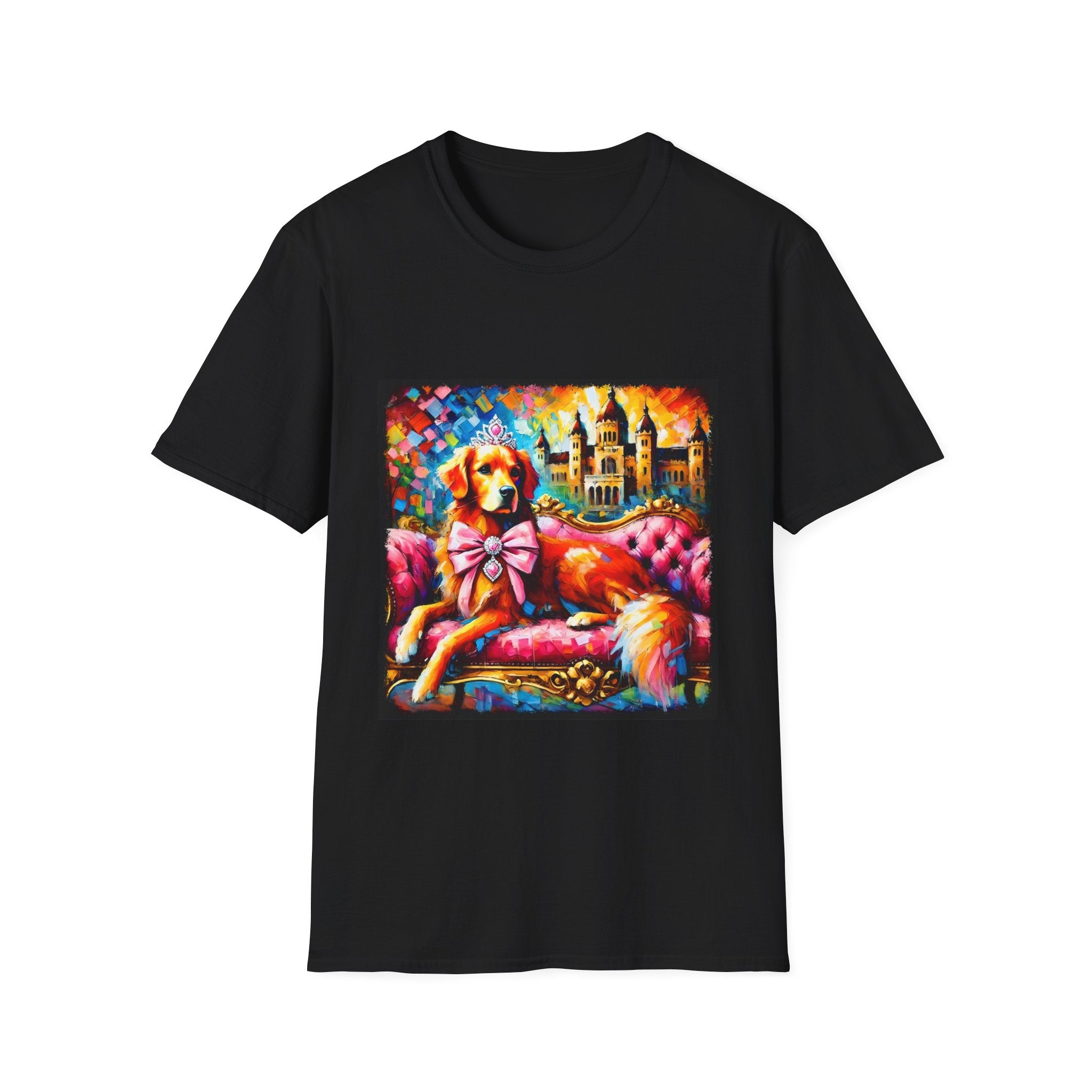 Black dog t-shirt featuring golden retriever princess on pink settee with tiara and castle backdrop.