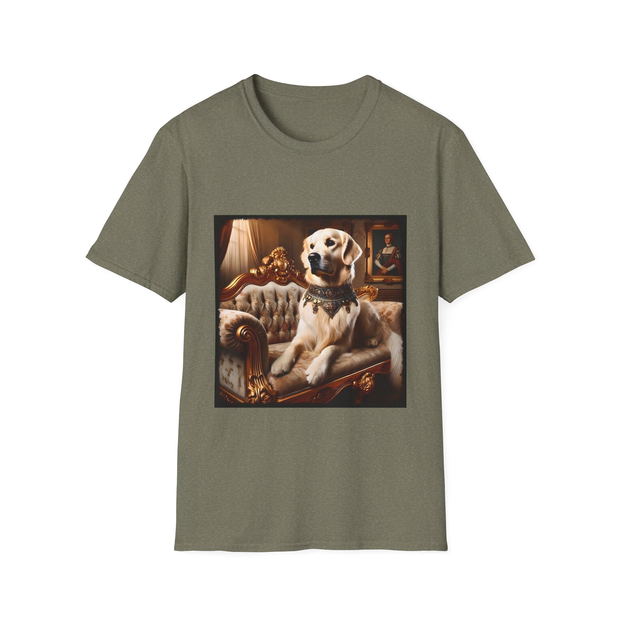 Heather military green dog t-shirt featuring golden retriever in jeweled collar on ornate cream and gold settee, regal setting.
